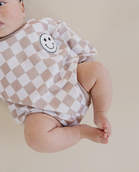 Checkered Smiley Latte Bubble Romper