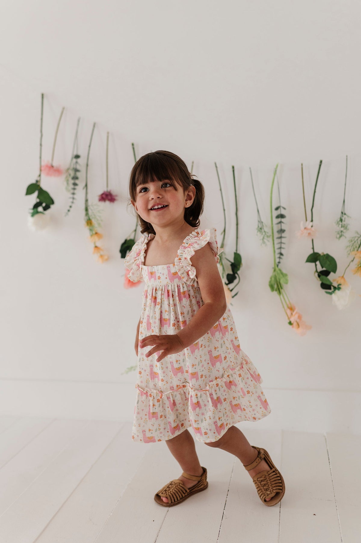 Girls Drop-Waist Peplum Dress in Llamas