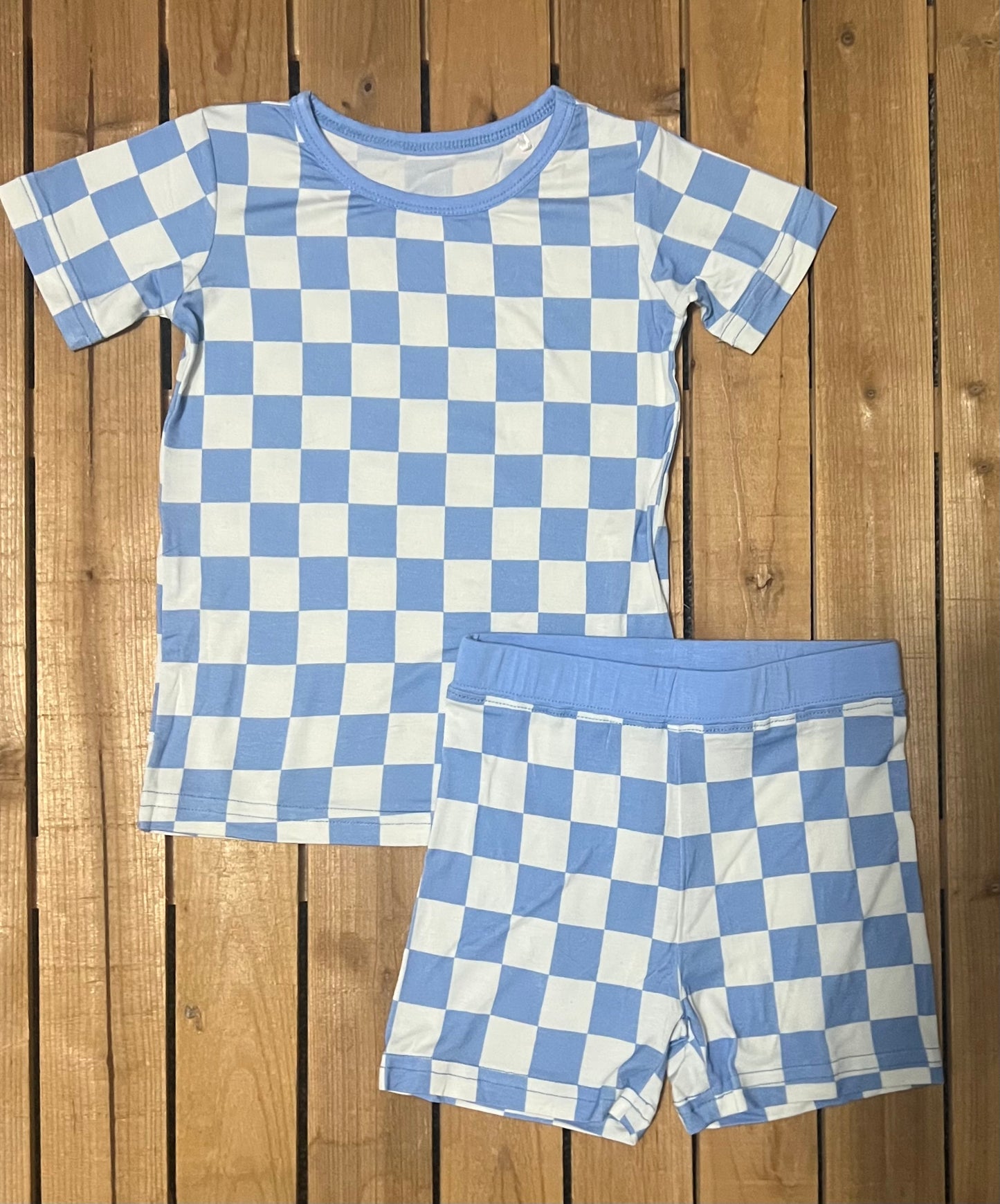 Blue Checkered Print Bamboo Set