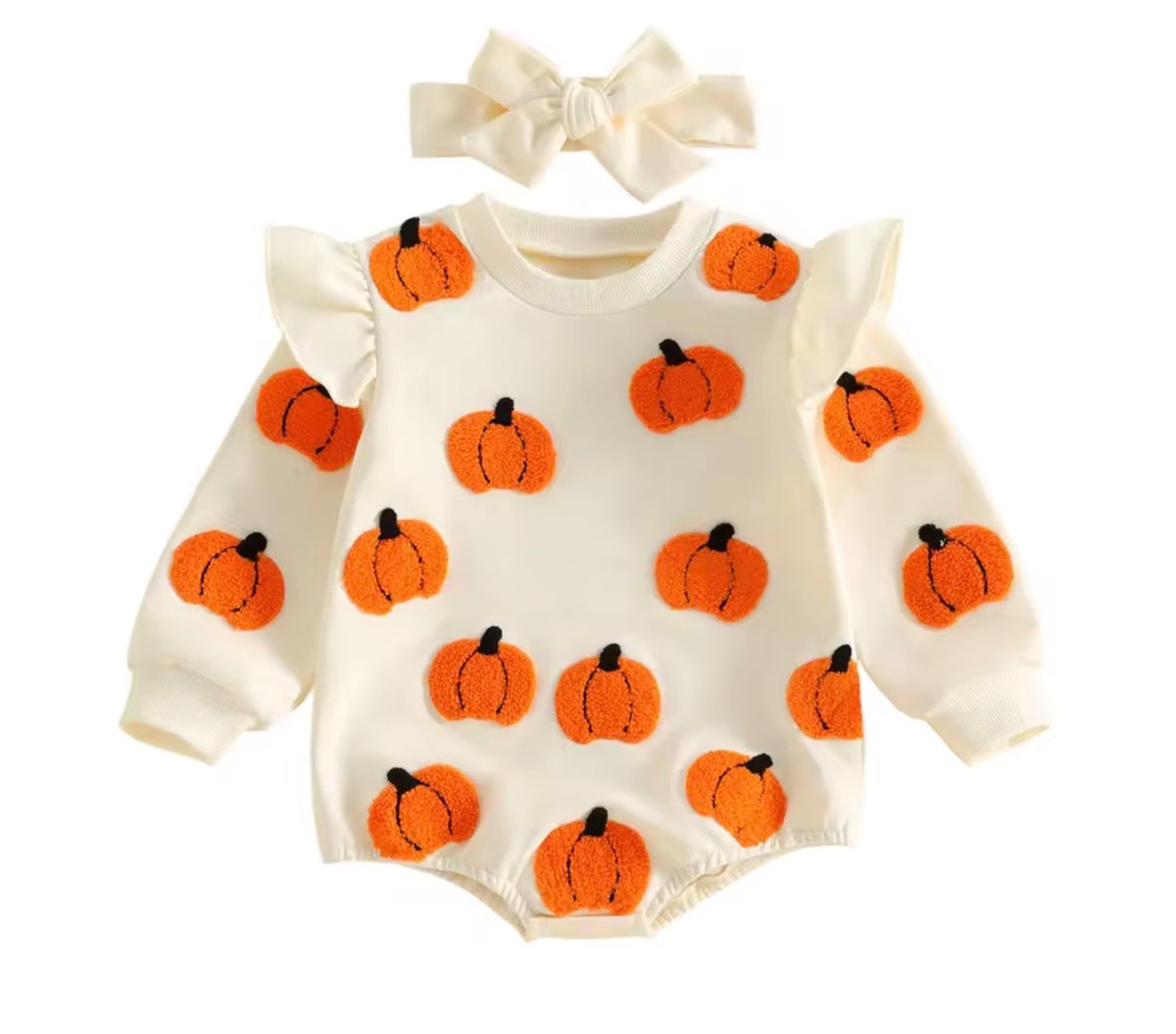 Pumpkin Appliqué Flutter Sleeve Romper