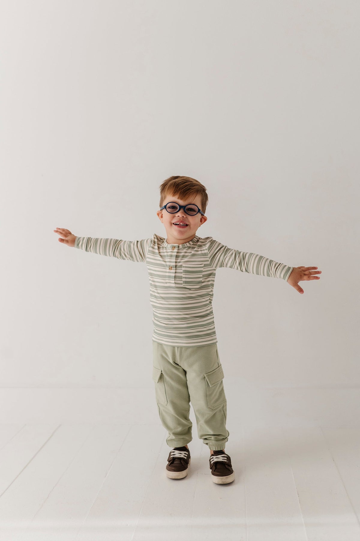 Boys Long Sleeve Henley Shirt in Sage Stripe
