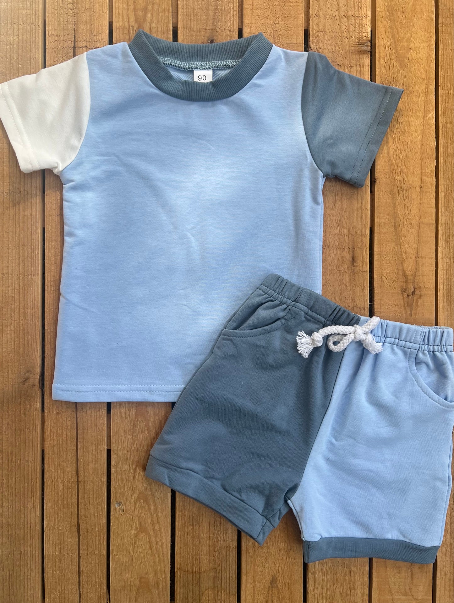 Blue Color Block Shorts Set