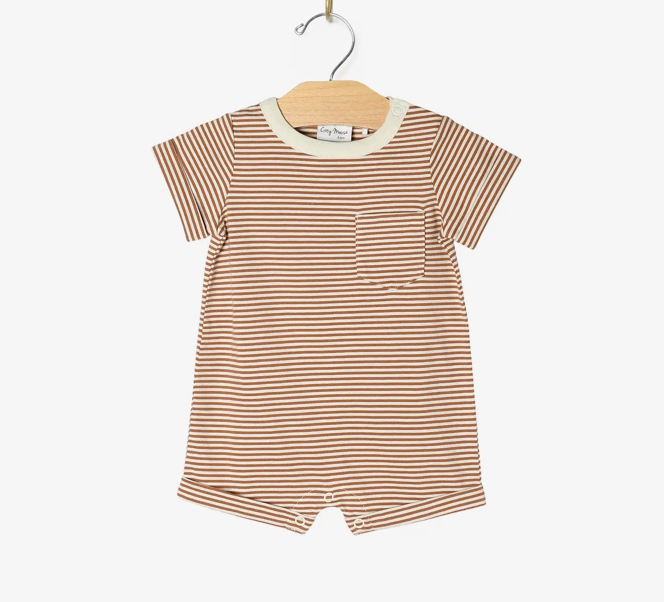 City Mouse Short Sleeve Romper- Toffee Stripe