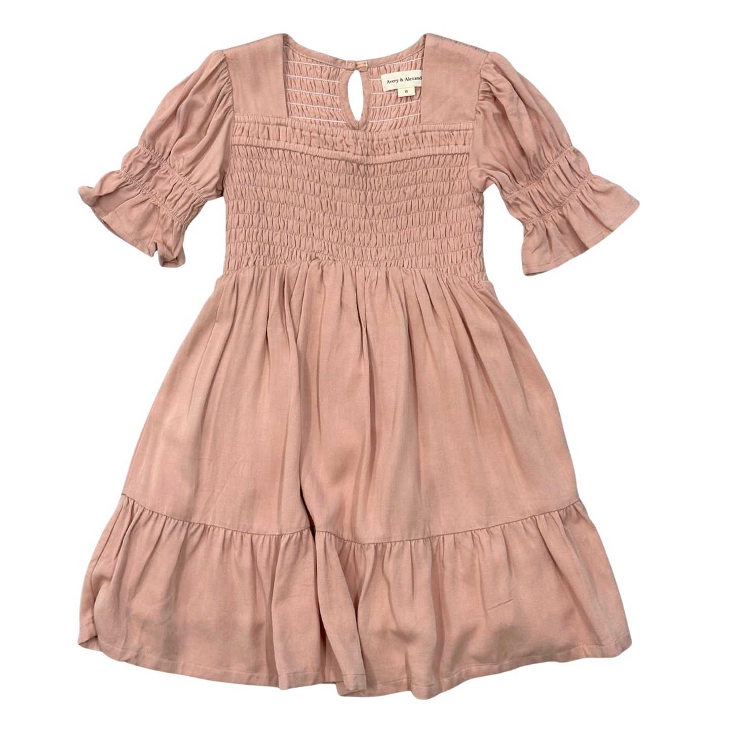 Girls Short Sleeve Smocked Babydoll Dress in Rose Cloud