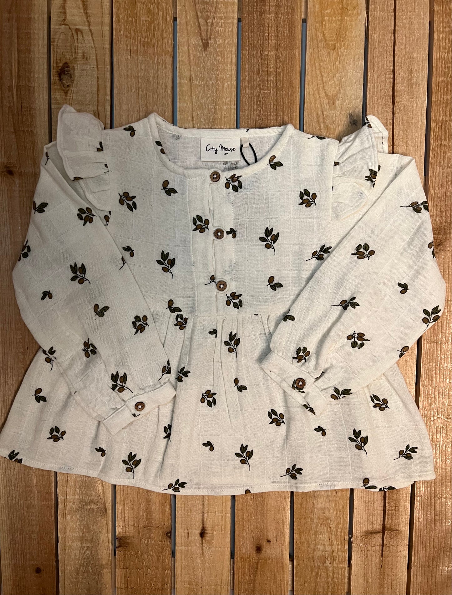 City Mouse Olive Print Flutter Sleeve Muslin Tunic