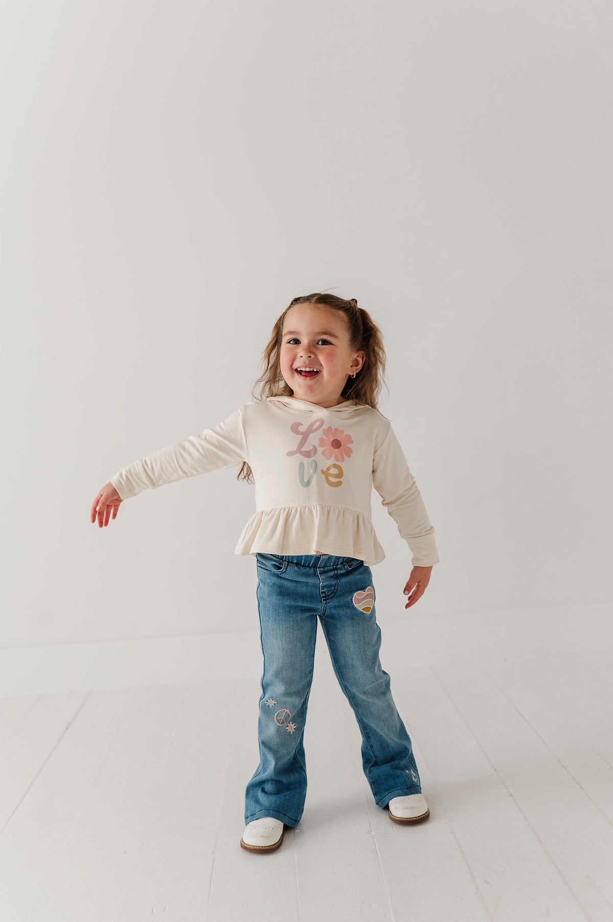 Girls Flare Denim Jeans in Mid Blue Wash