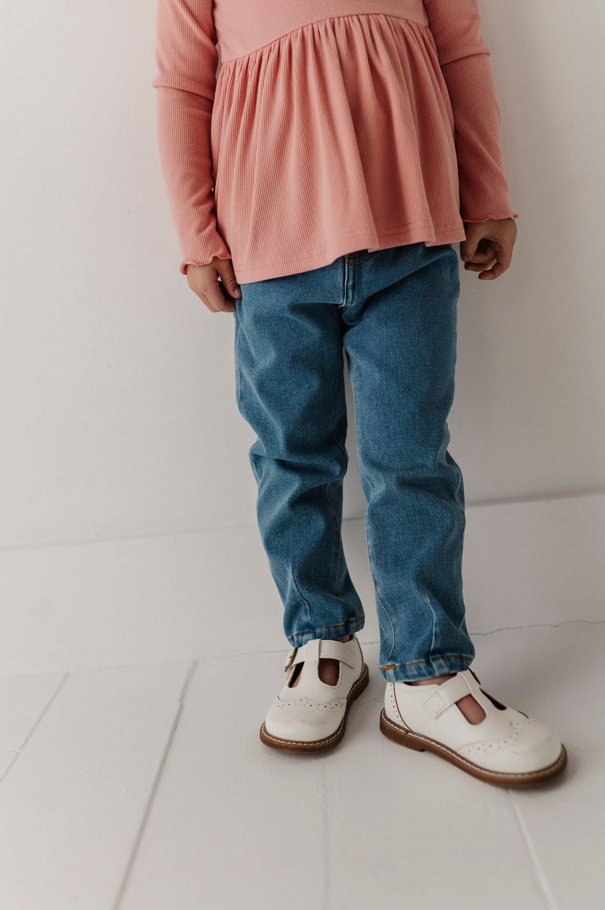 Girls Paperbag Denim Pants in Mid Blue Wash