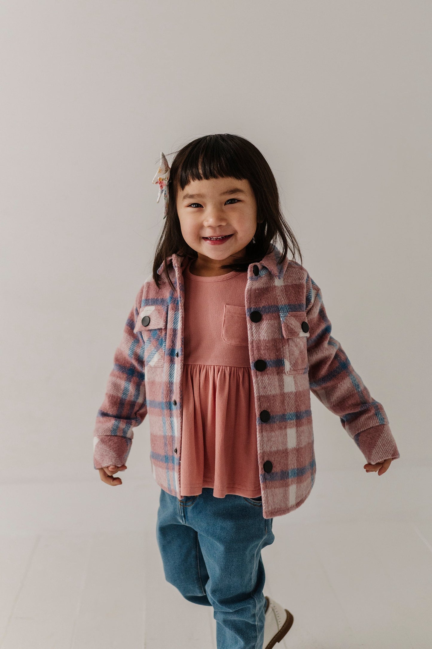 Kids Hooded Shacket in Pink Blue Plaid