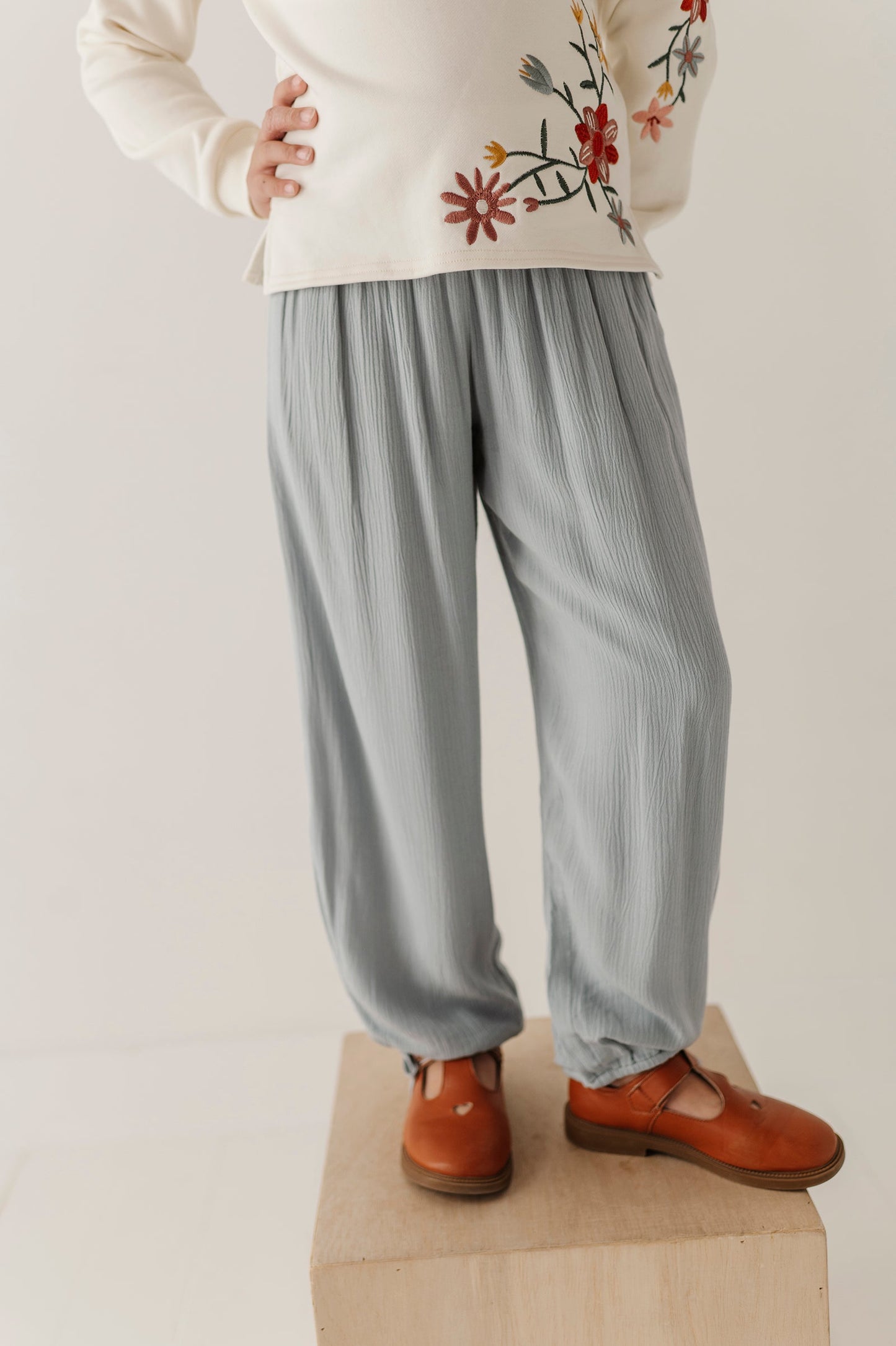 Girls Harem V-Waist Tie Pants in Grayish Blue