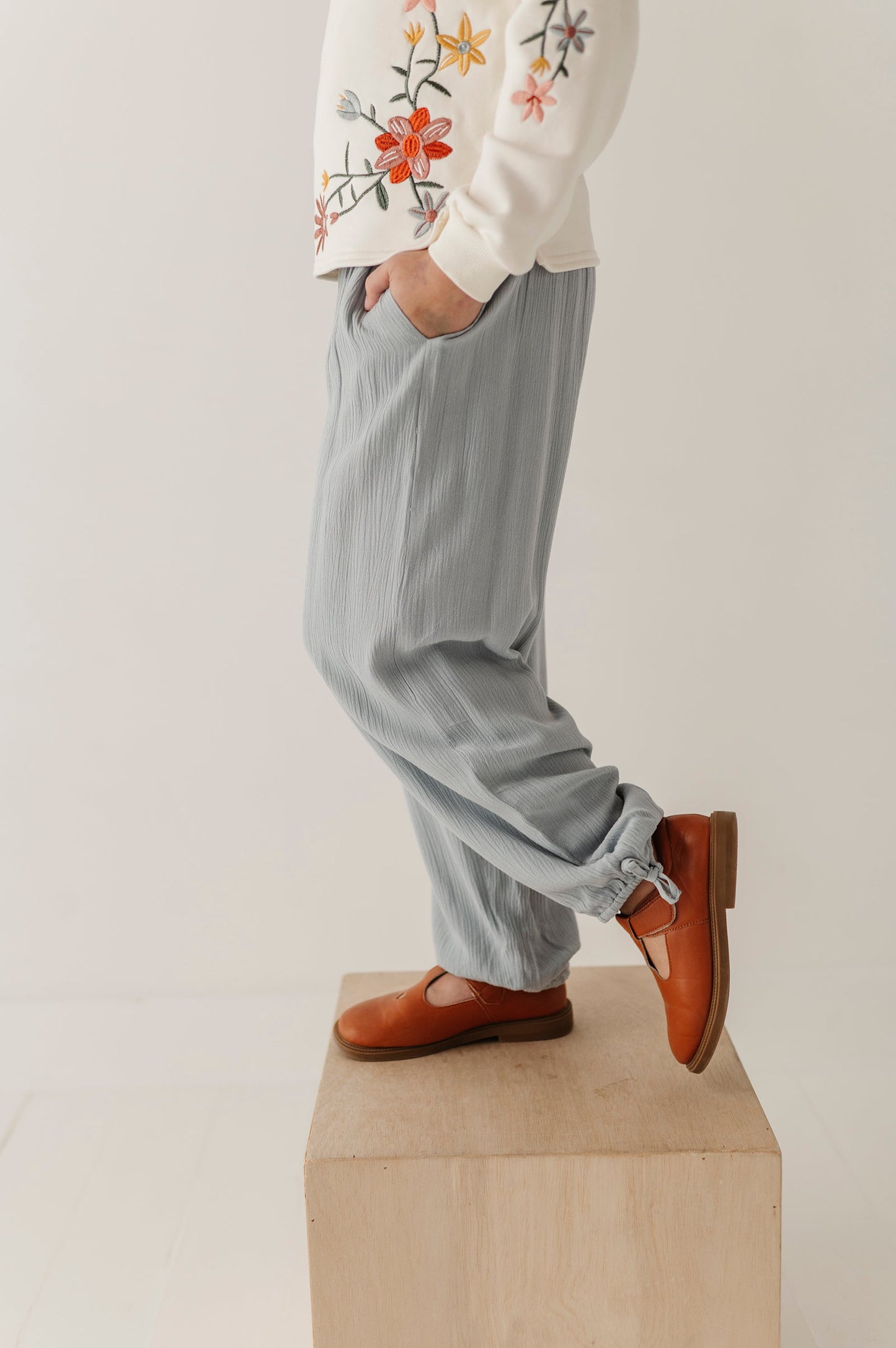 Girls Harem V-Waist Tie Pants in Grayish Blue