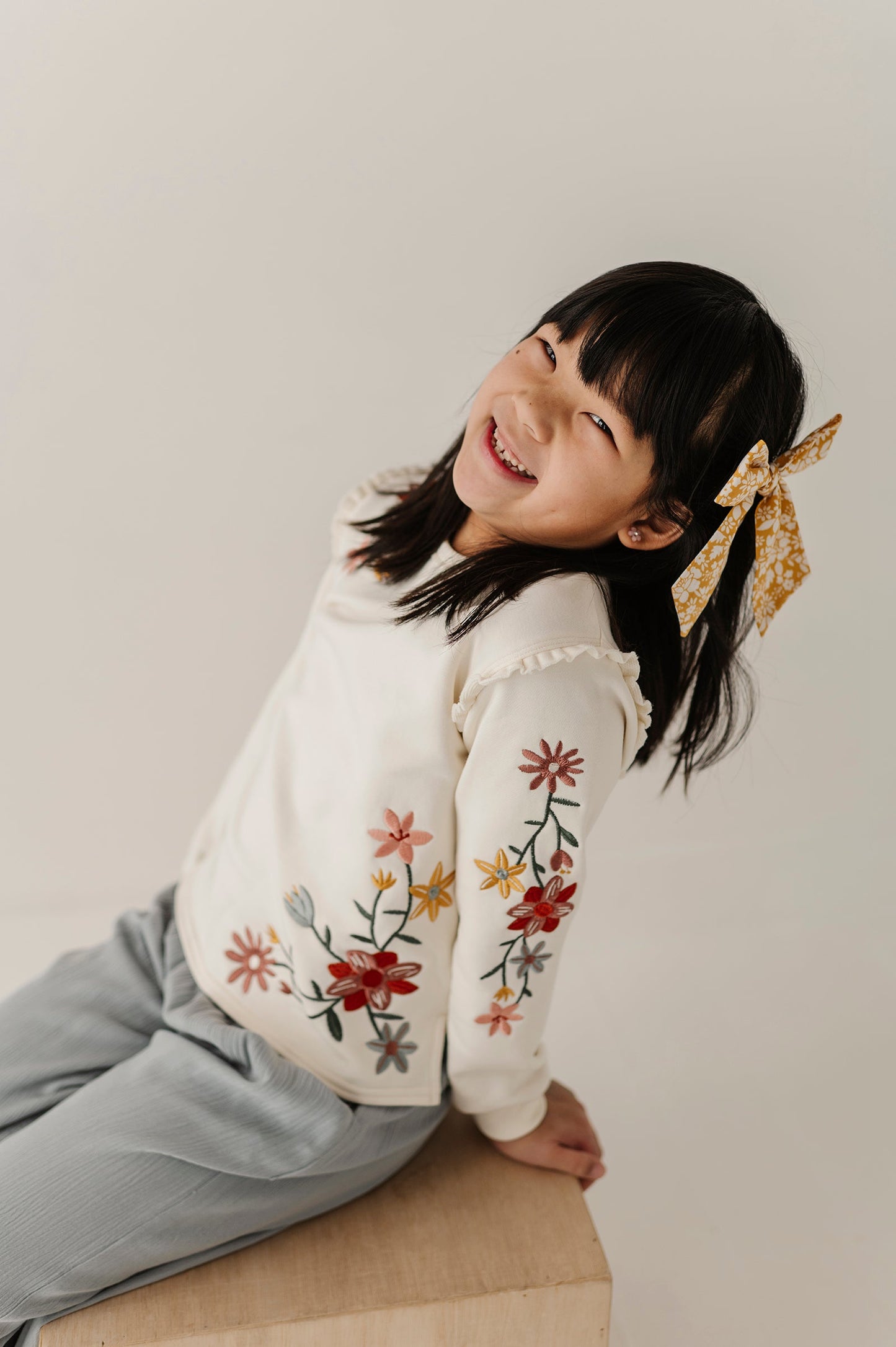 Girls Raw Edge Sweatshirt in Addison Embroidery Floral