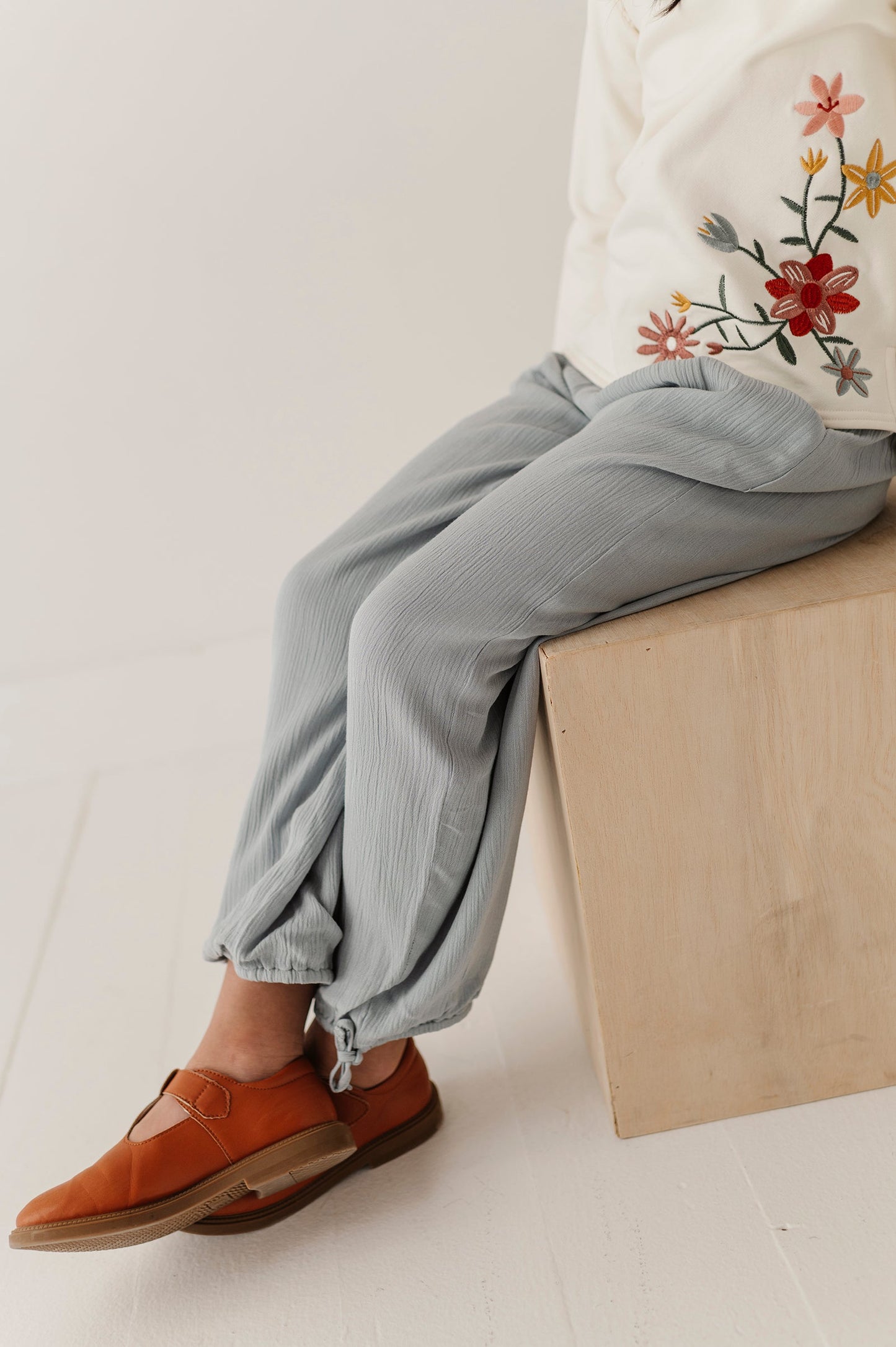 Girls Harem V-Waist Tie Pants in Grayish Blue
