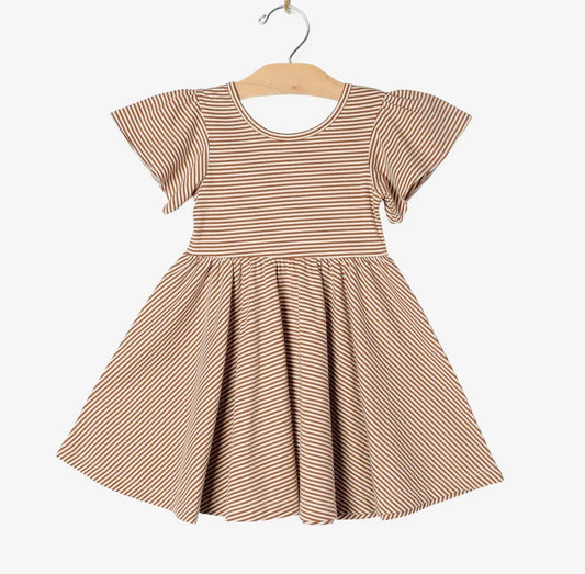 City Mouse Spring Twirl Dress- Toffee Stripe