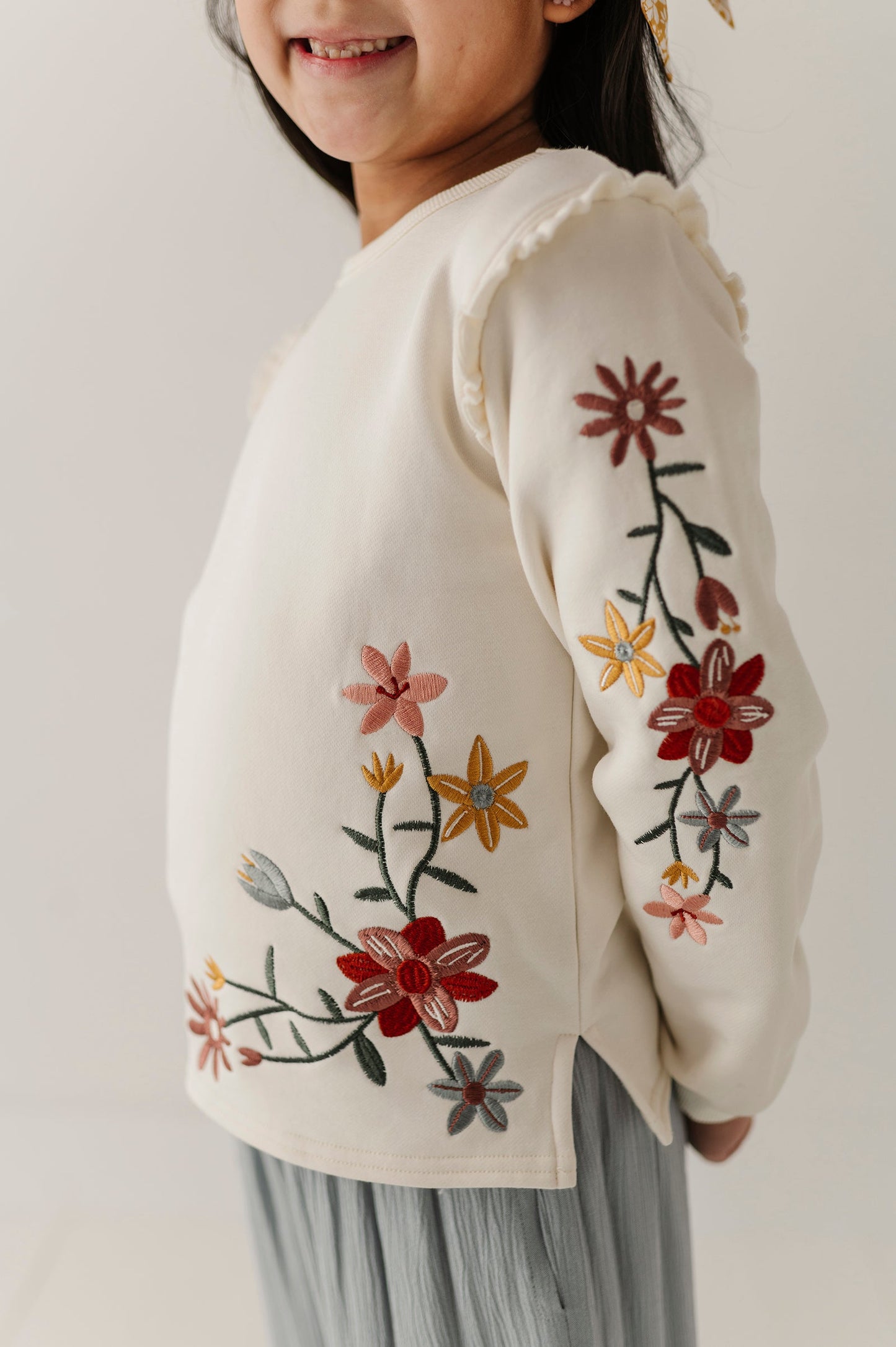 Girls Raw Edge Sweatshirt in Addison Embroidery Floral