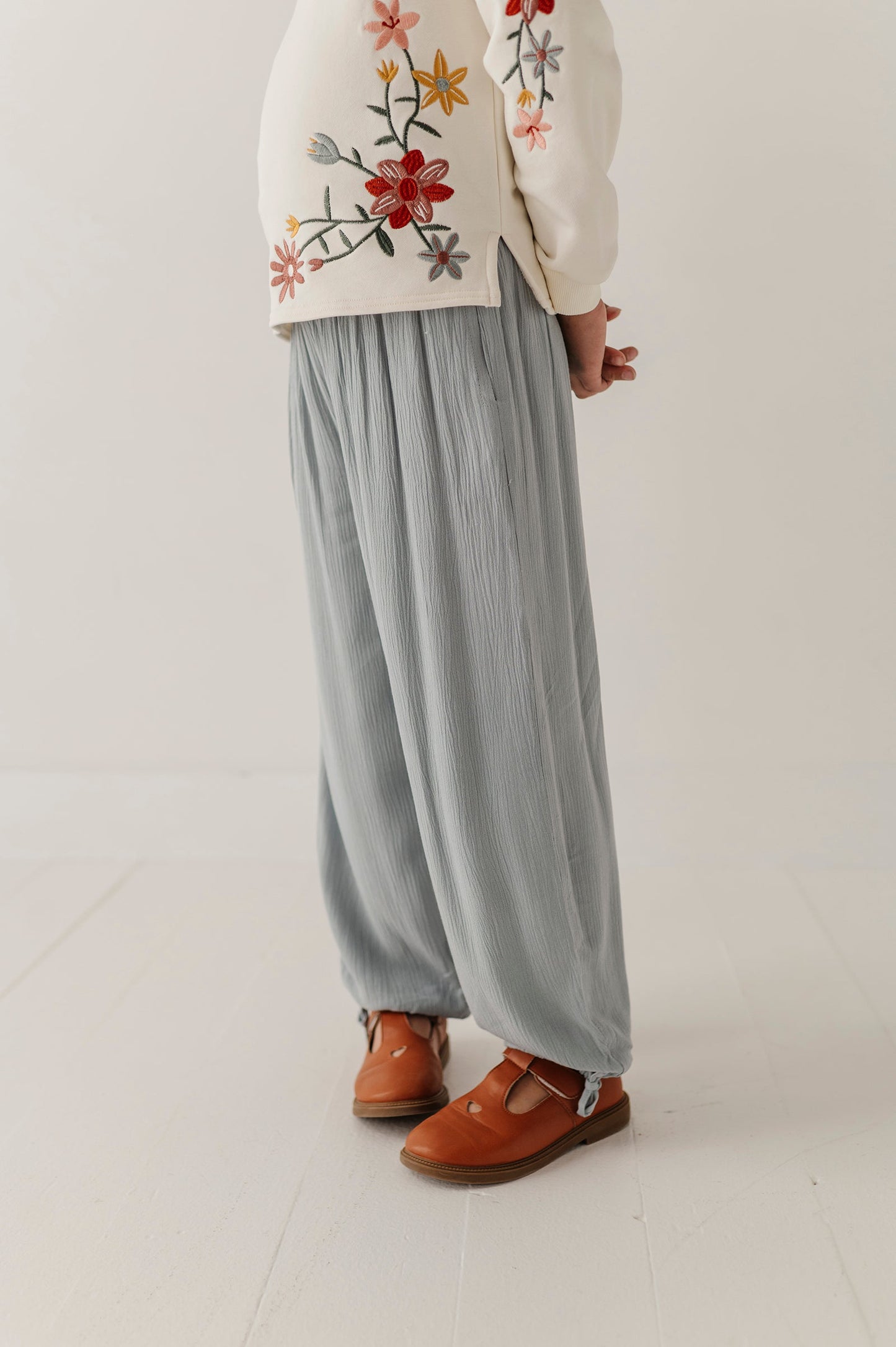 Girls Harem V-Waist Tie Pants in Grayish Blue