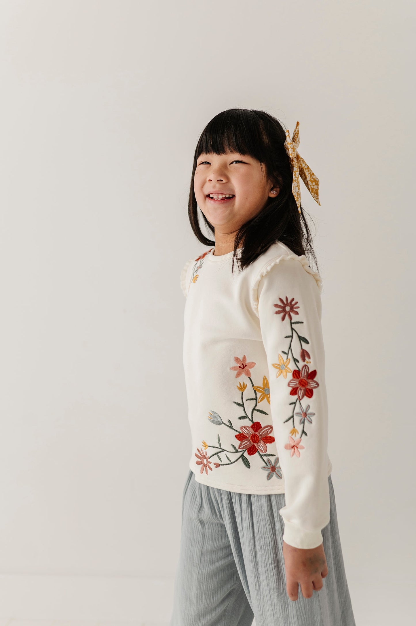 Girls Raw Edge Sweatshirt in Addison Embroidery Floral
