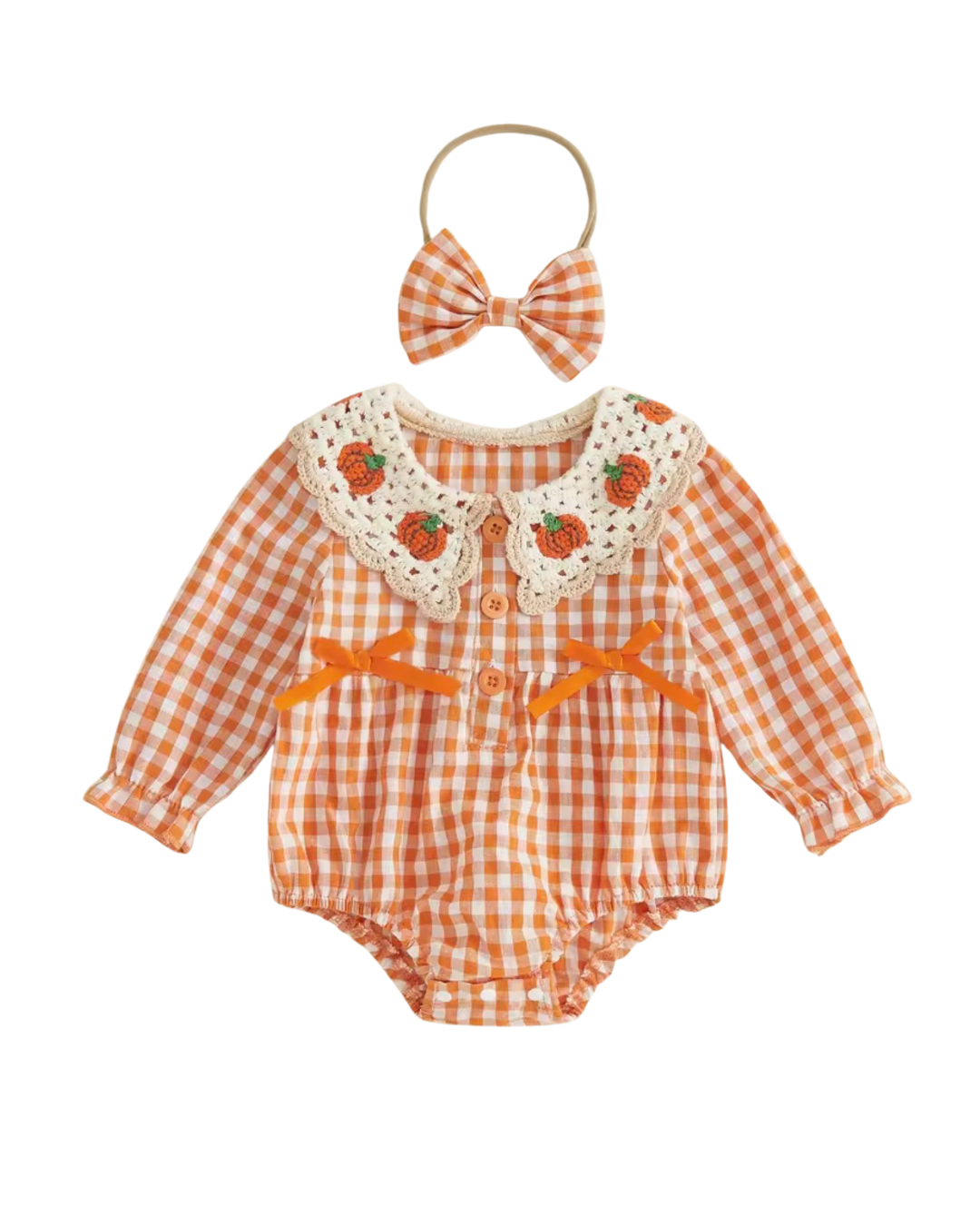 Crochet Pumpkin Gingham Romper