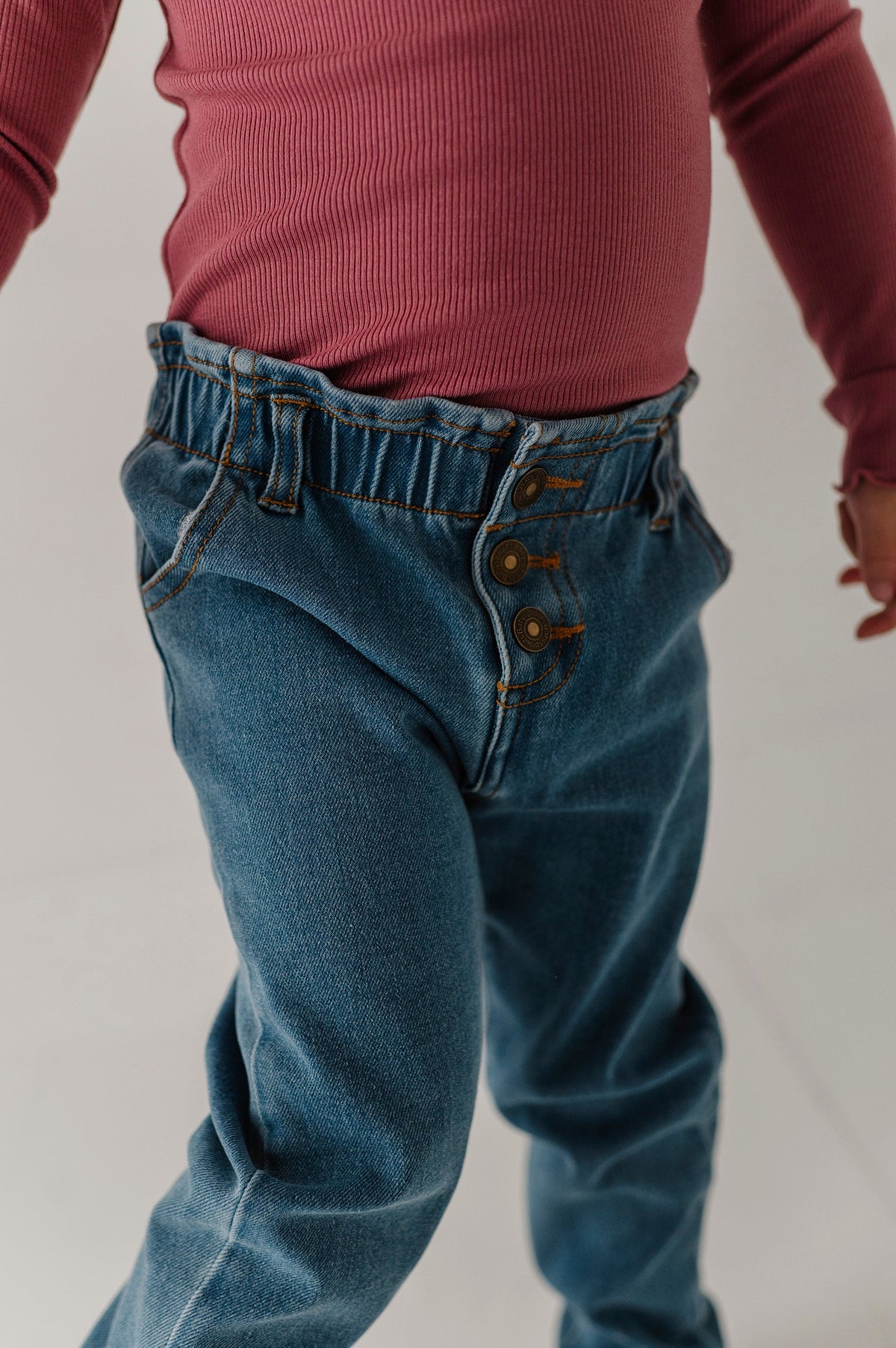 Girls Paperbag Denim Pants in Mid Blue Wash