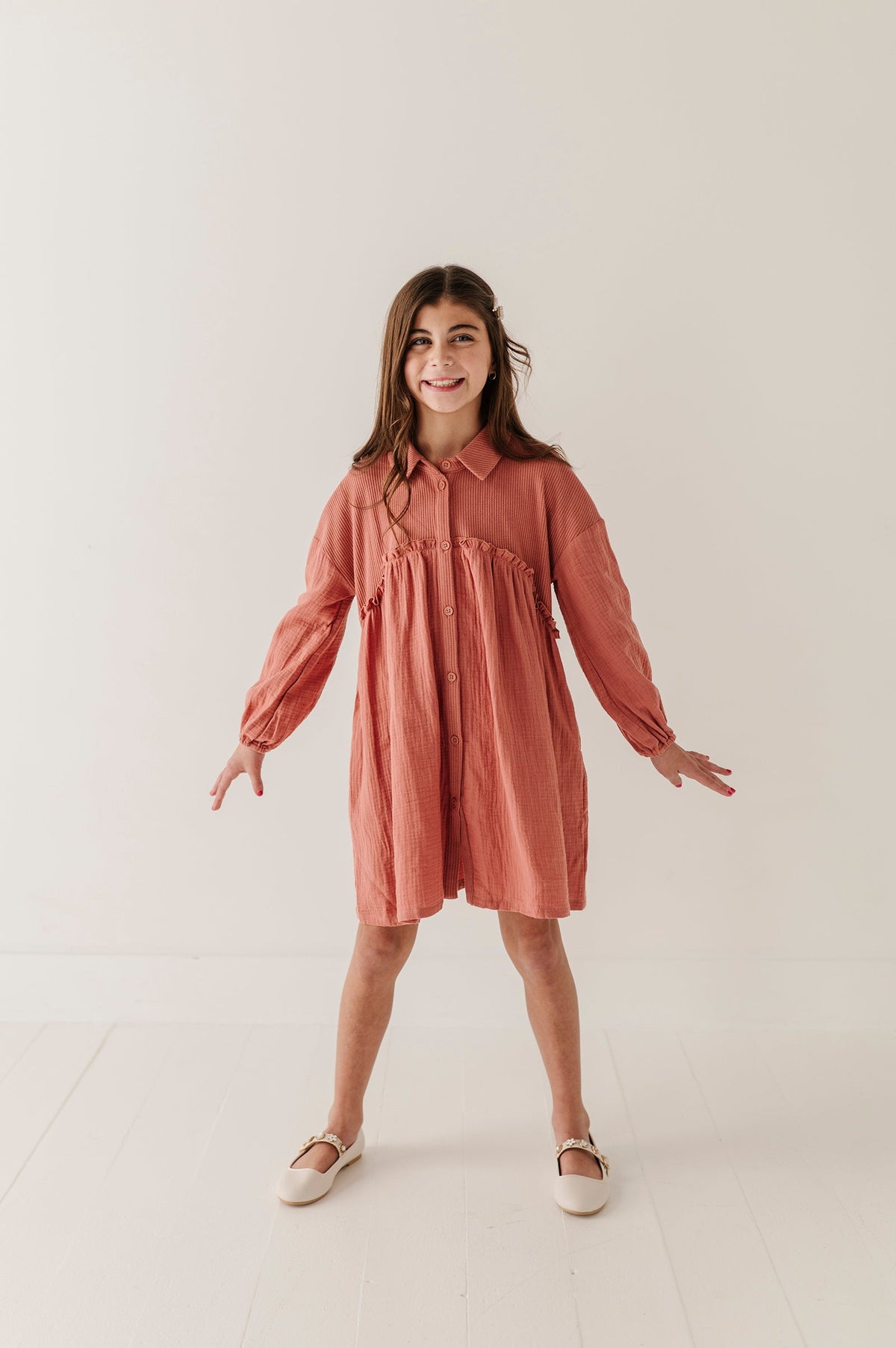 Girls Button Front Gauze Dress in Brick Dust