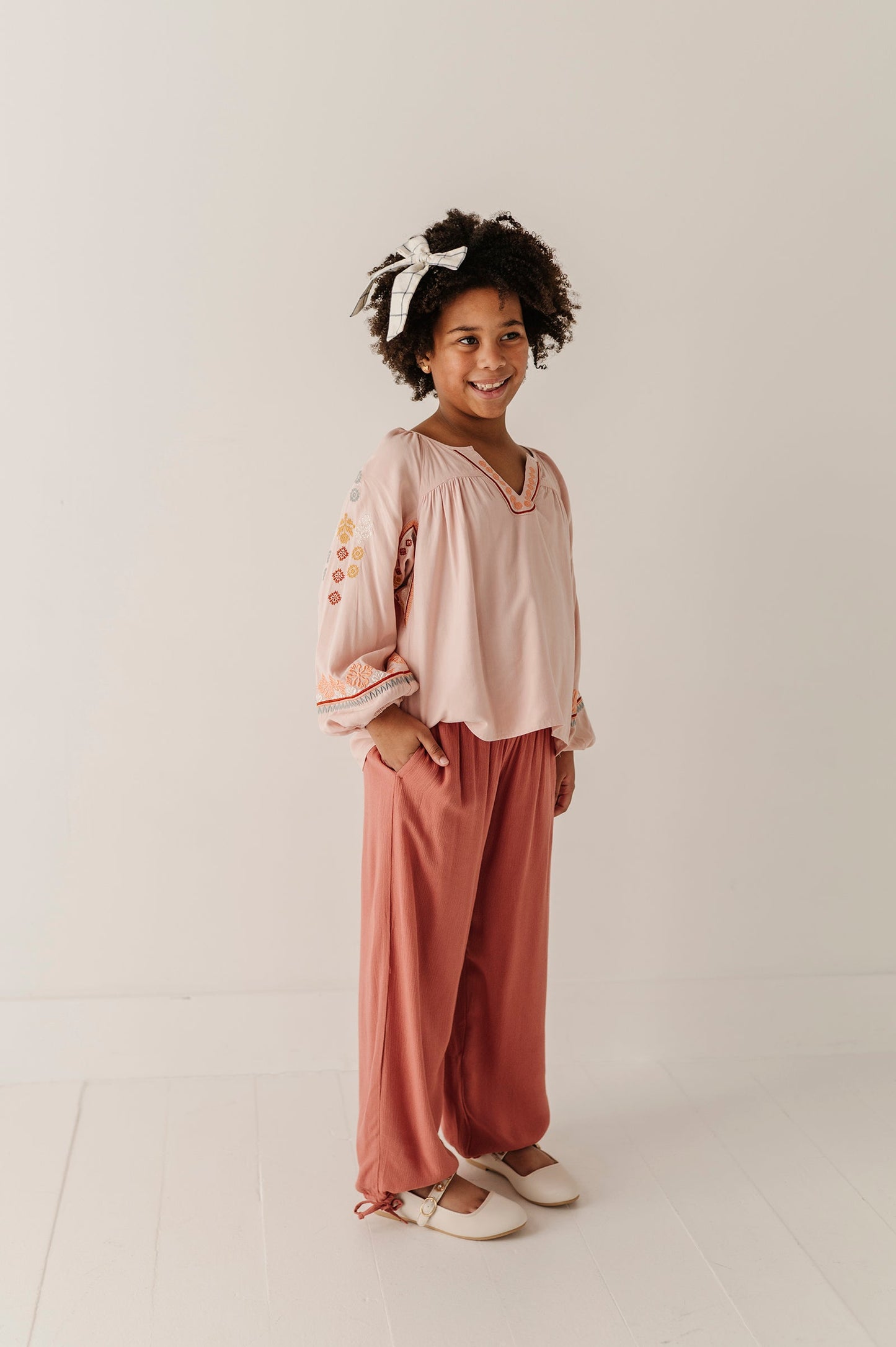 Girls Harem V-Waist Tie Pants in Grayish Blue