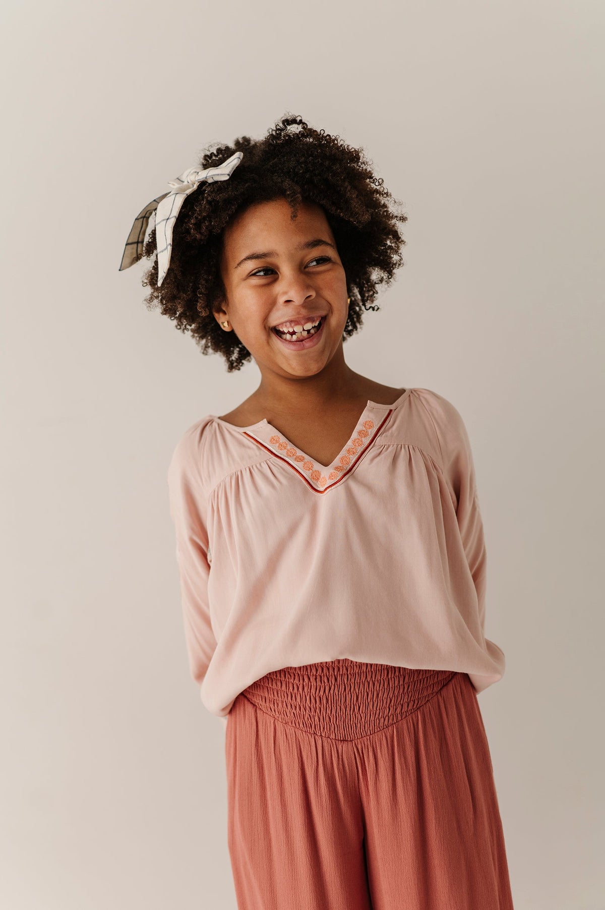 Girls Embroidery Art Peasant Top in Boho Peach Whip