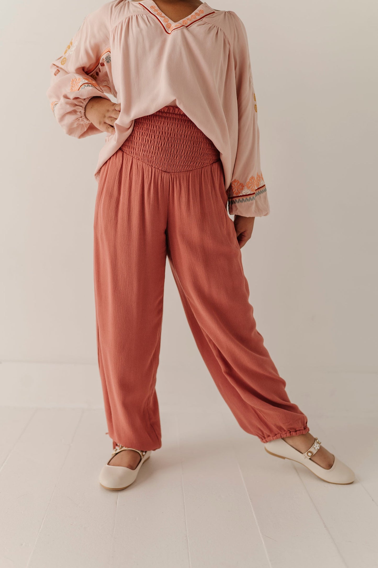 Girls Harem V-Waist Tie Pants in Grayish Blue
