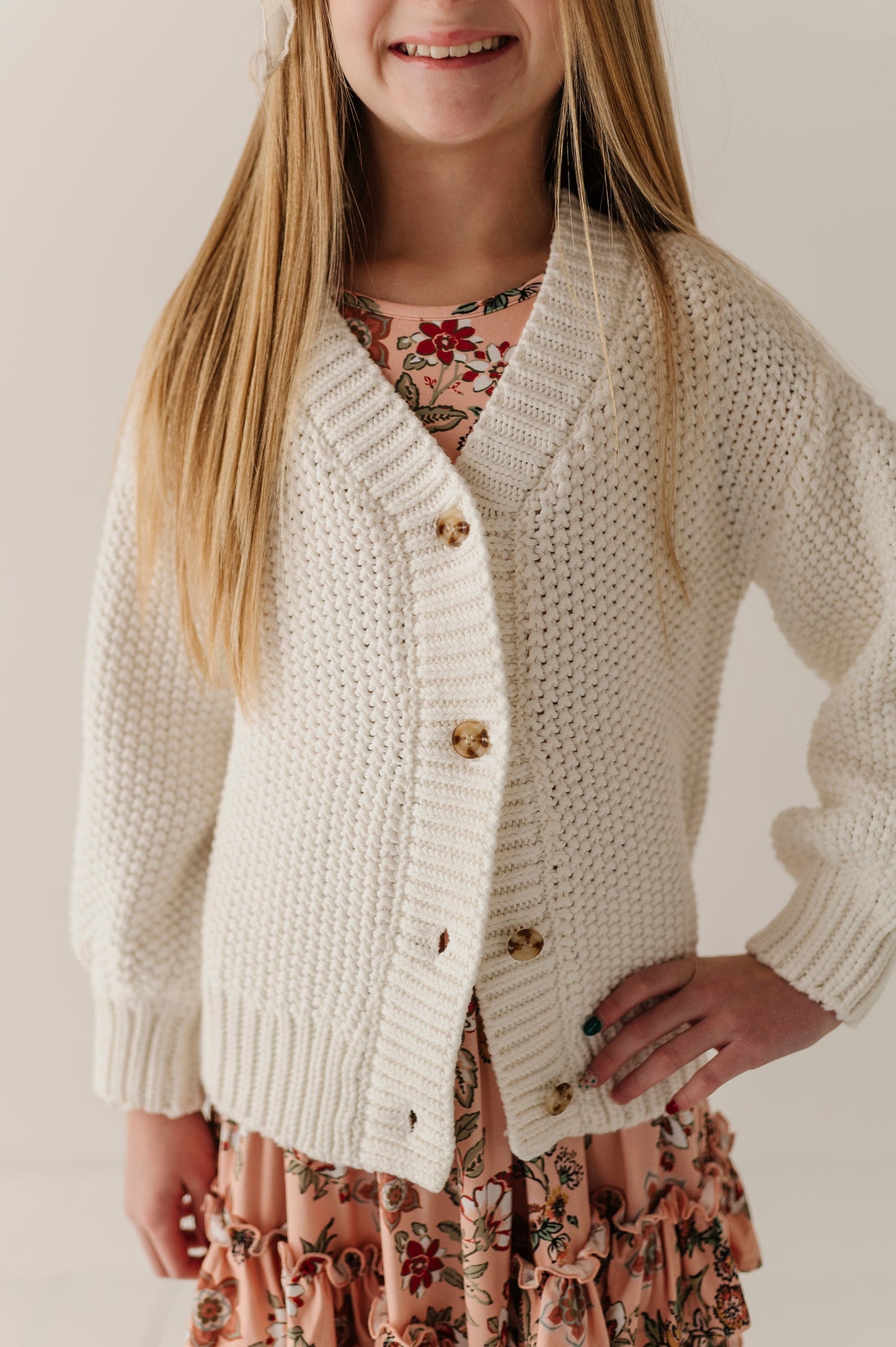 Girls Chunky Knit Cardigan in Off-White