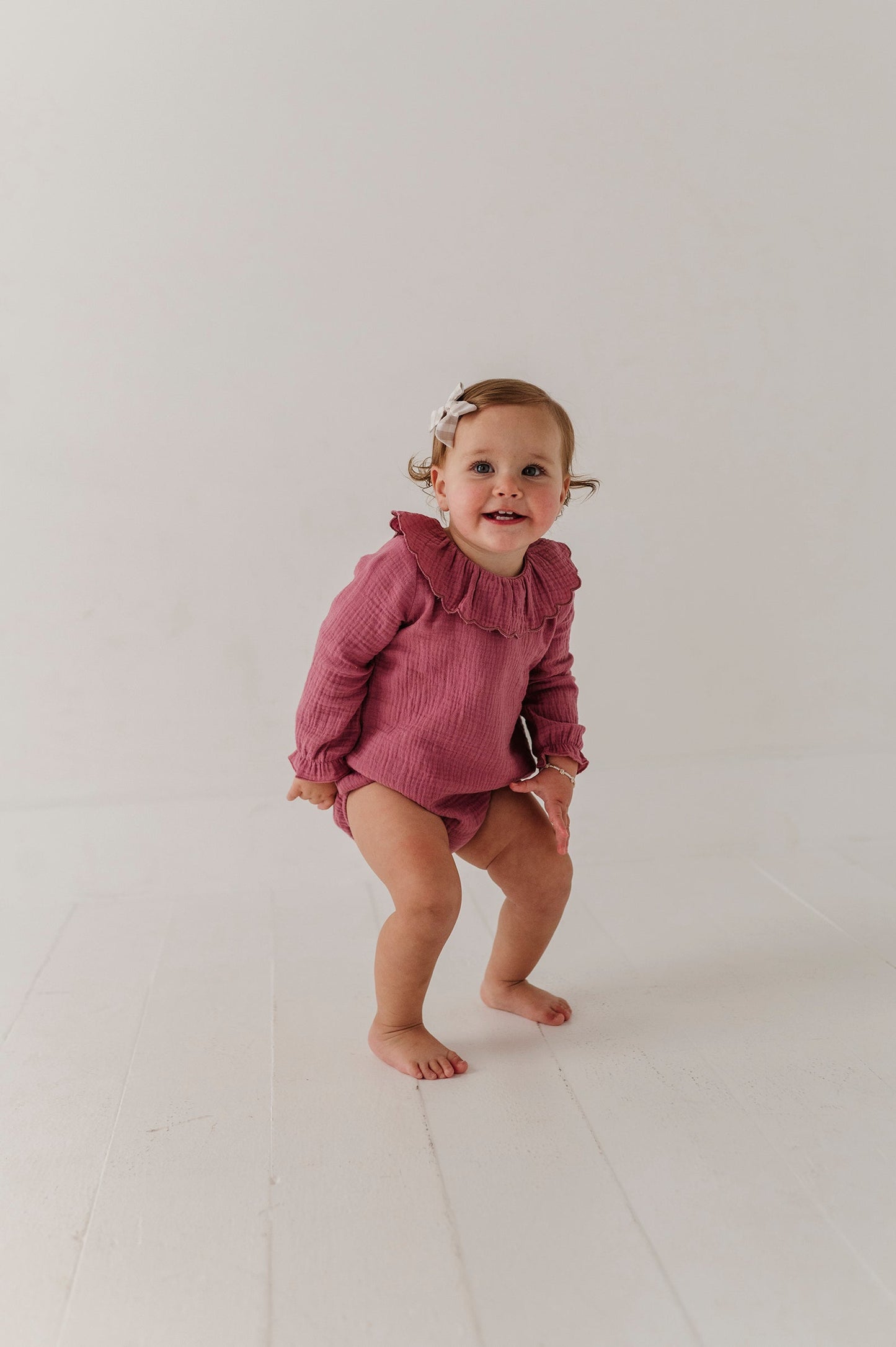 Girls Gauze Frill Neck Bodysuit in Mes Rose