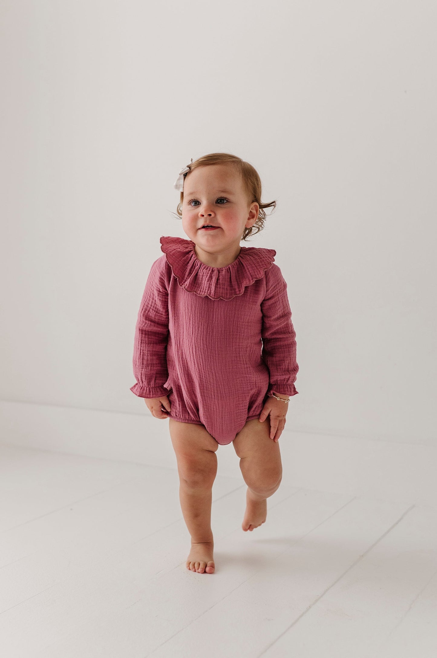 Girls Gauze Frill Neck Bodysuit in Mes Rose