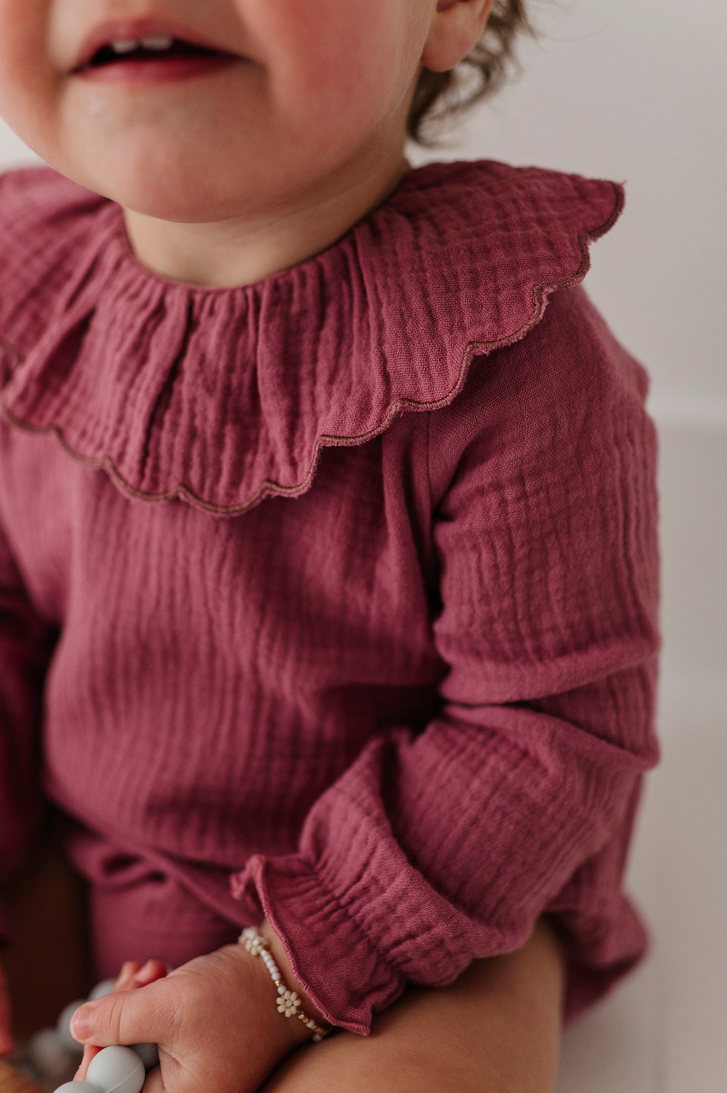 Girls Gauze Frill Neck Bodysuit in Mes Rose