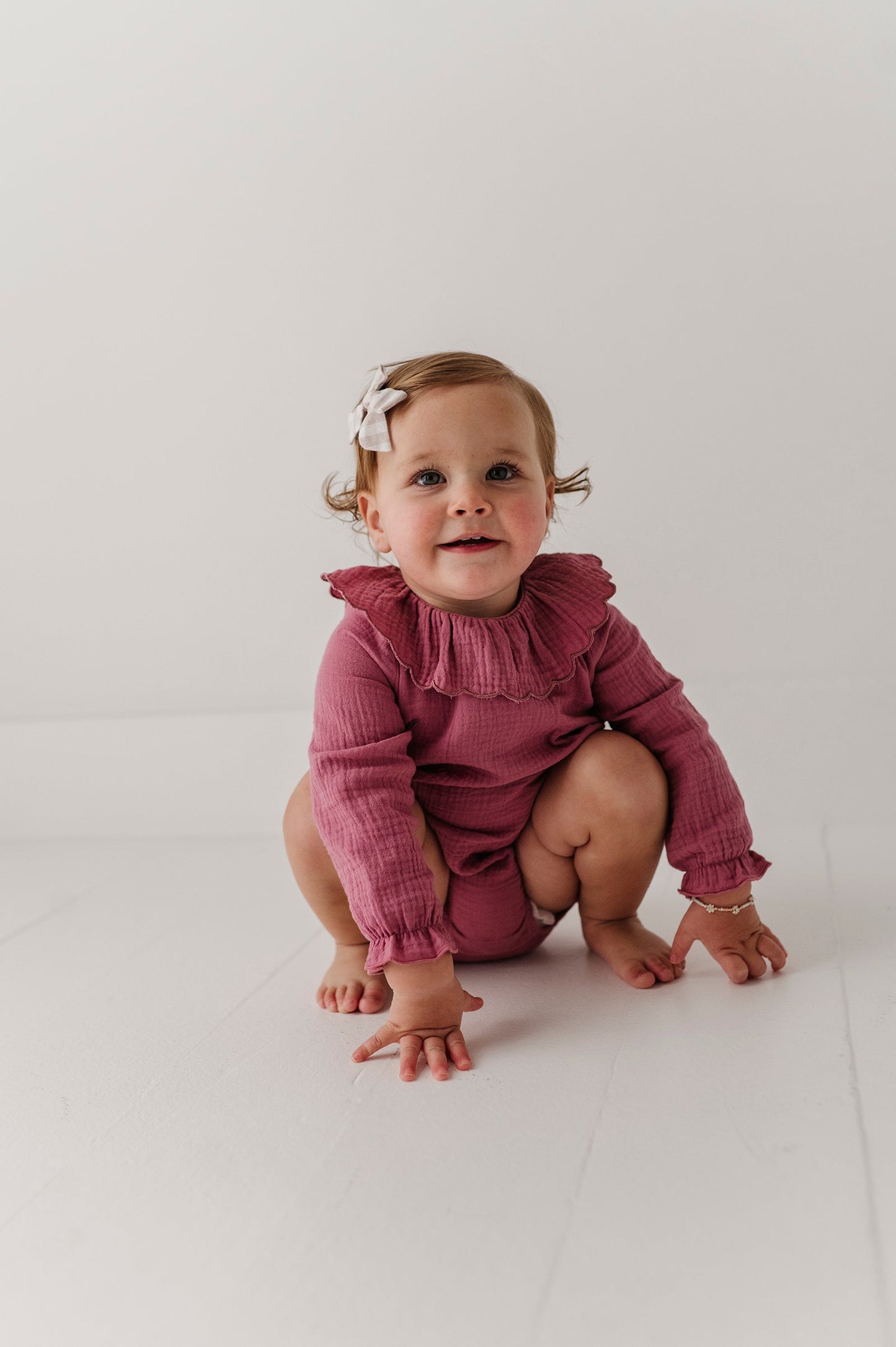 Girls Gauze Frill Neck Bodysuit in Mes Rose