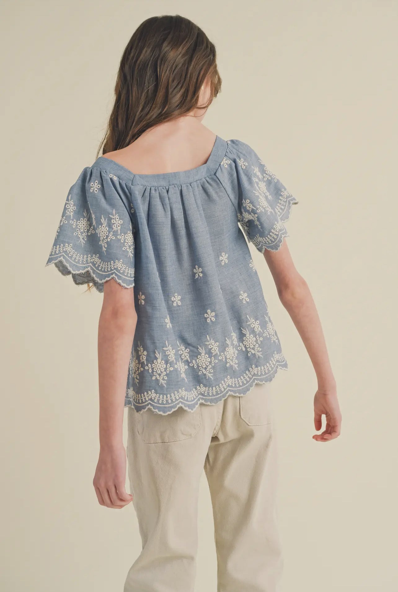 Denim Flutter Sleeve Embroidered Top