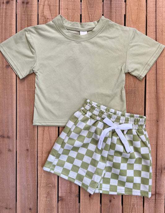Green Tee and Checkered Shorts Set