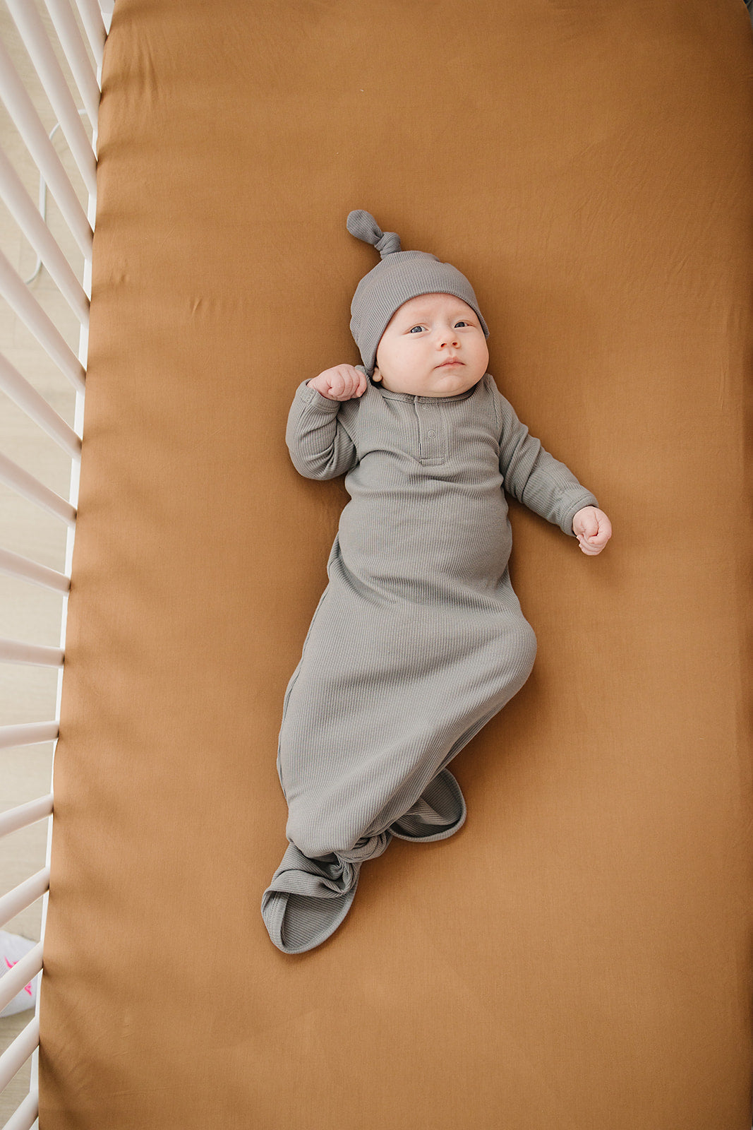 Mebie Baby Grey Organic Cotton Ribbed Knot Gown