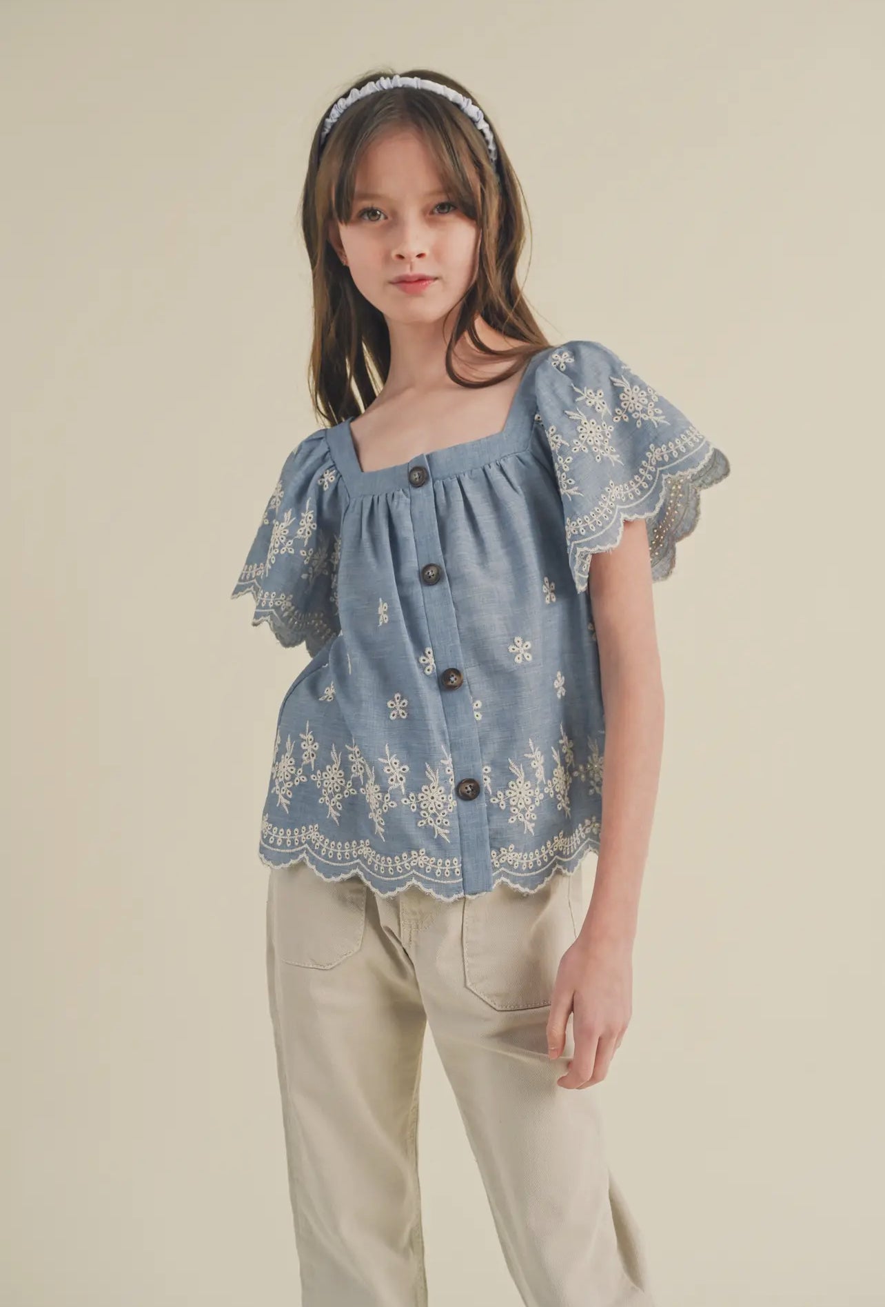 Denim Flutter Sleeve Embroidered Top