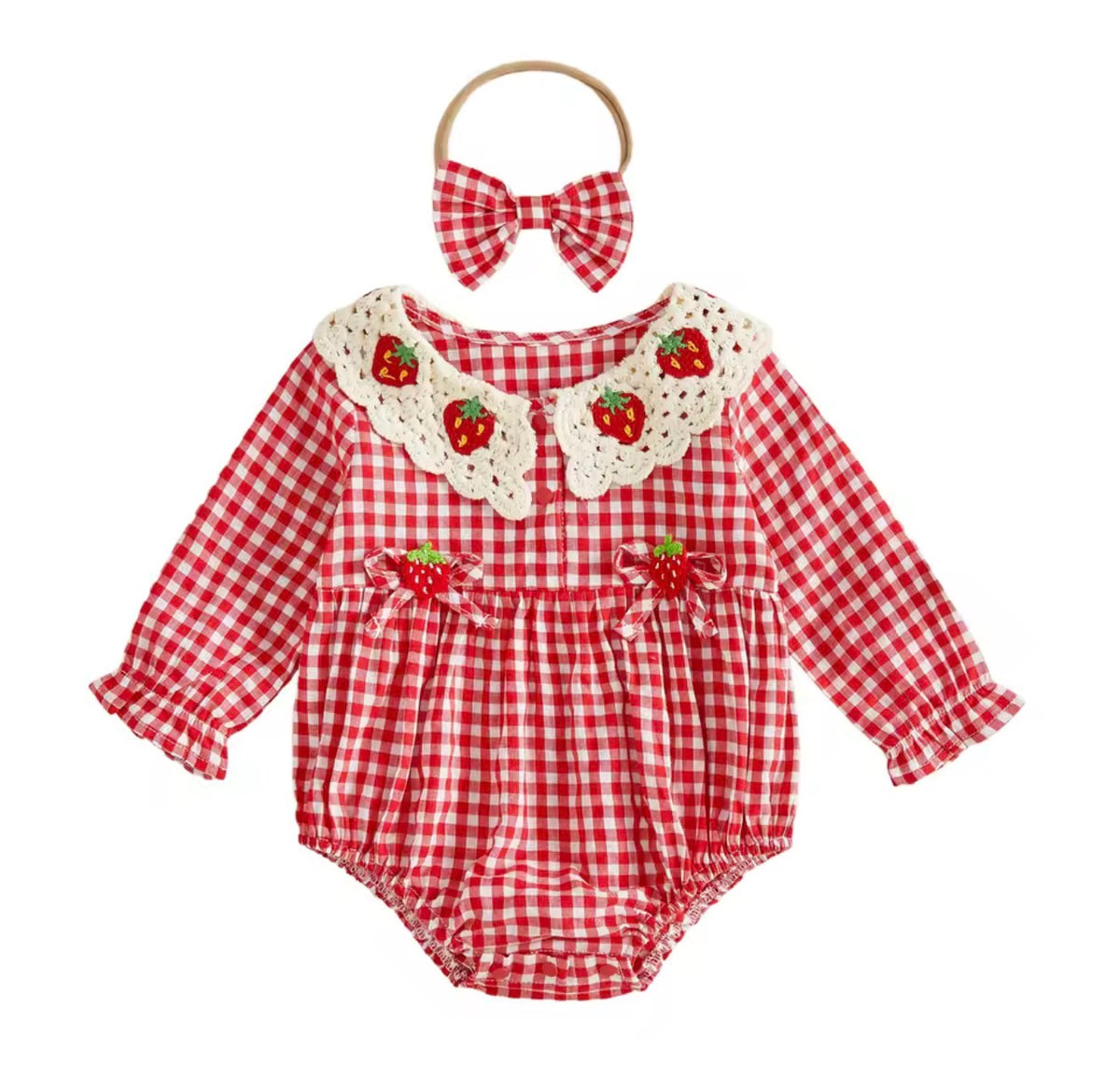 Crochet Strawberry Gingham Romper
