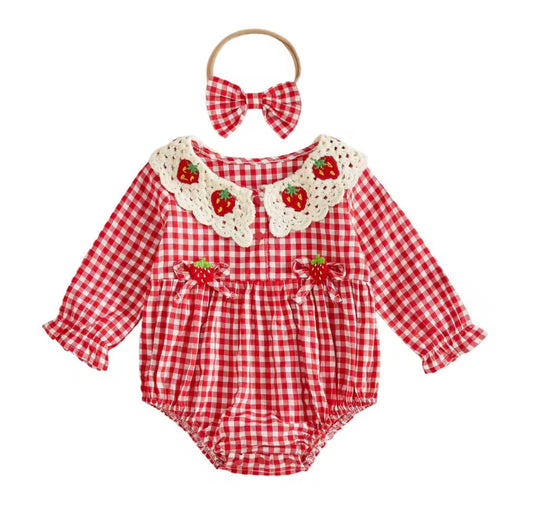 Crochet Strawberry Gingham Romper