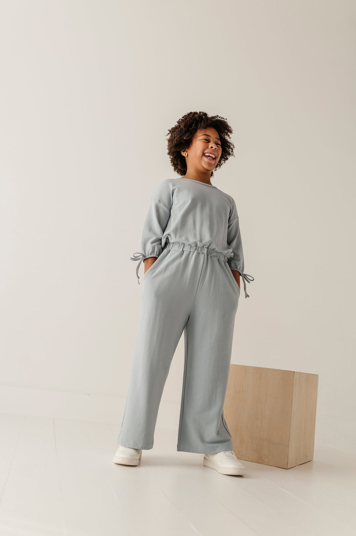 Girls Drop Shoulder Blouson Knit Jumpsuit in Rose Cloud
