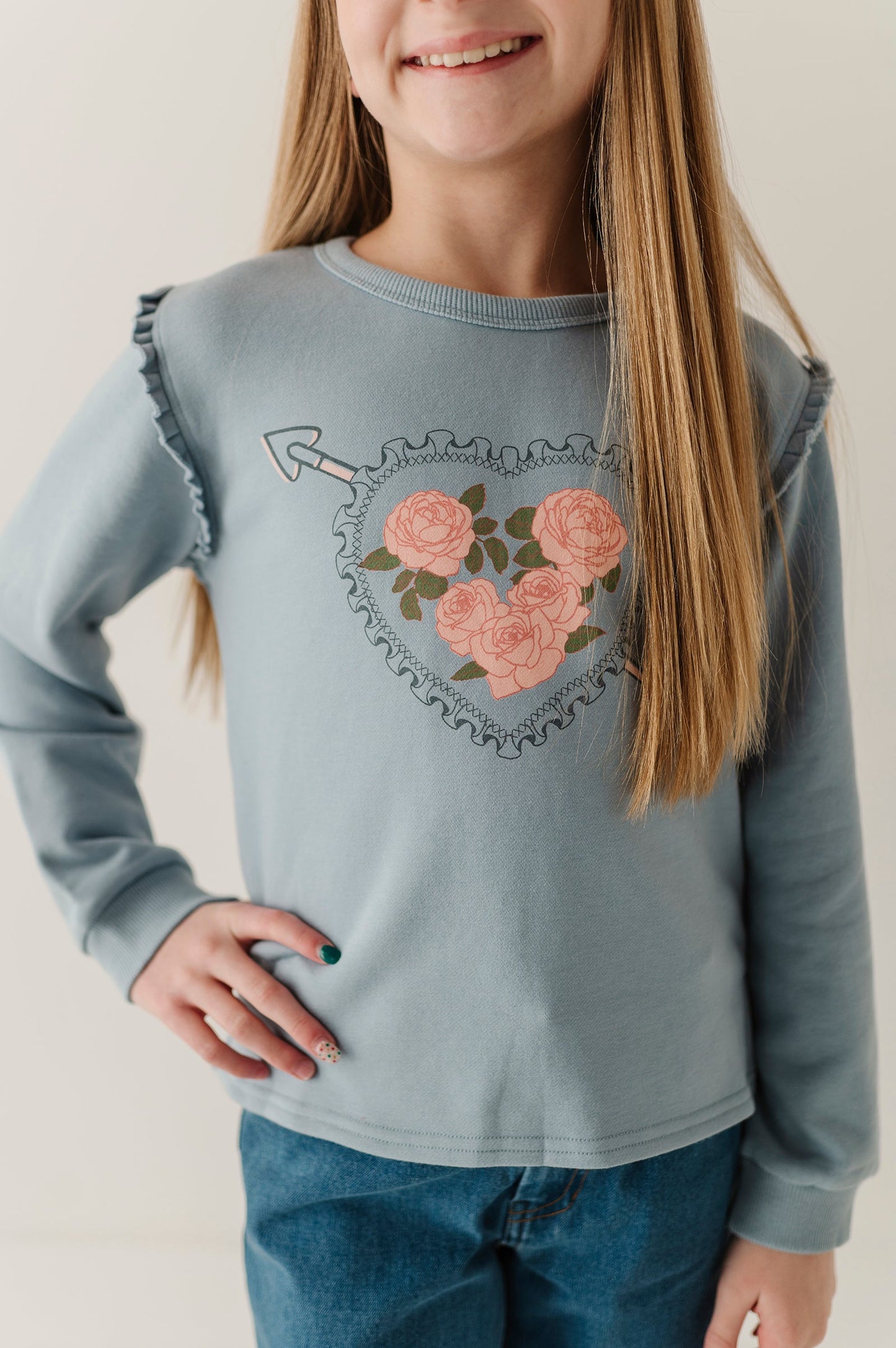 Girls Raw Edge Sweatshirt in Addison Embroidery Floral