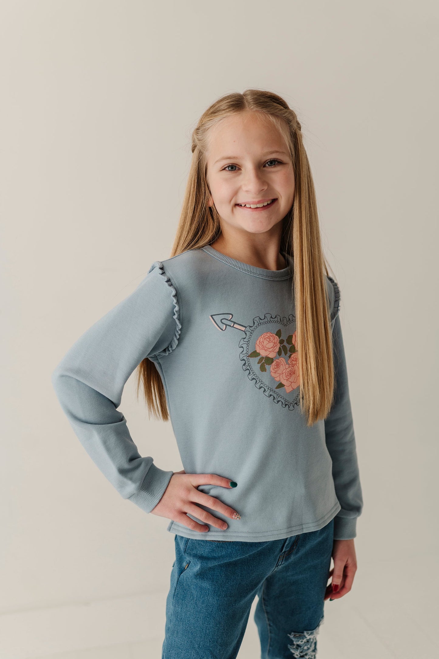 Girls Raw Edge Sweatshirt in Addison Embroidery Floral