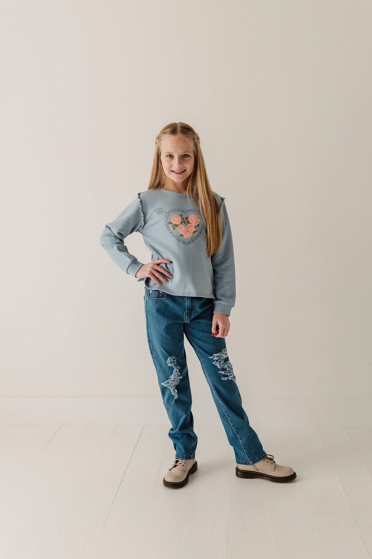 Girls Raw Edge Sweatshirt in Addison Embroidery Floral