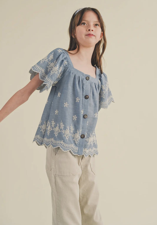 Denim Flutter Sleeve Embroidered Top