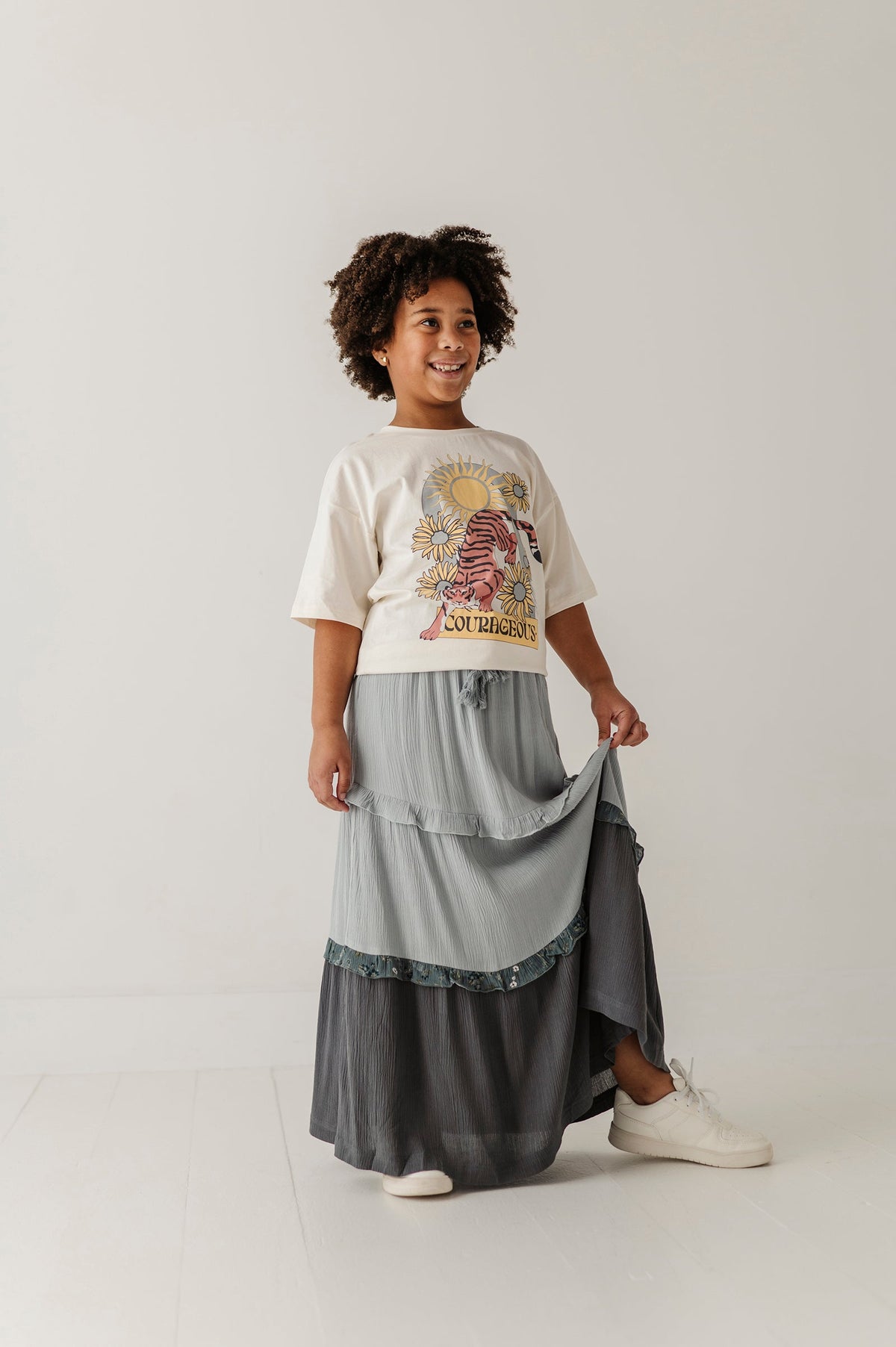 Girls Border Tiered Ruffle Skirt in Grayish Blue
