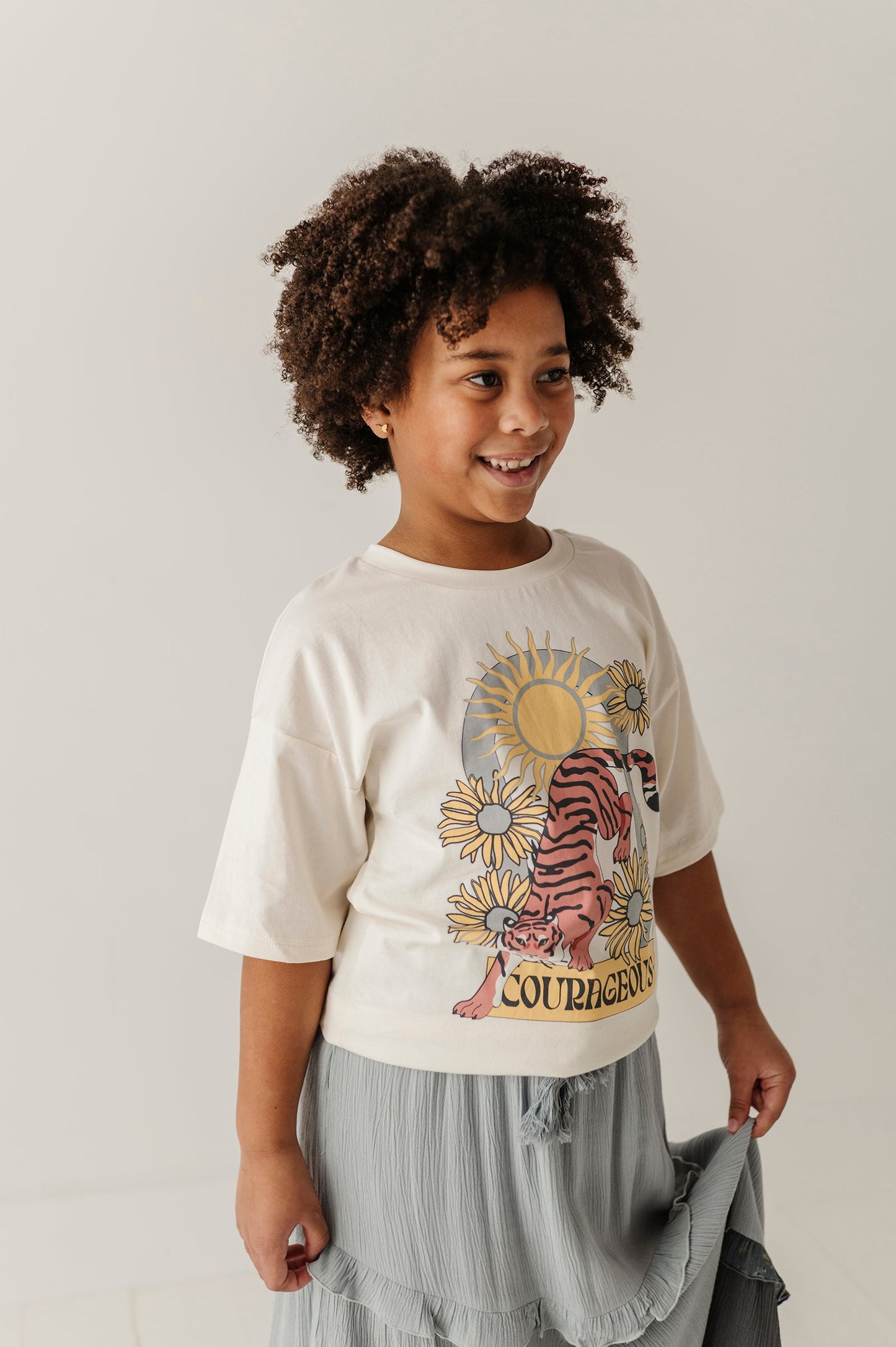 Girls Cotton Screen-Printed Tee in Courageous Tiger