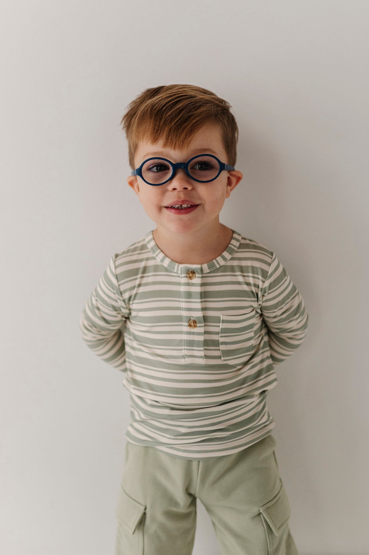 Boys Long Sleeve Henley Shirt in Sage Stripe