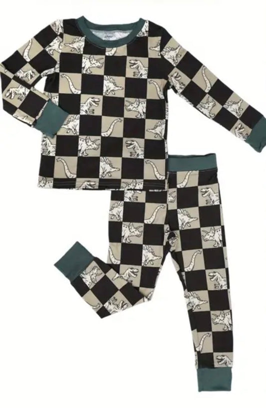Checkered Dinosaur Bamboo Set
