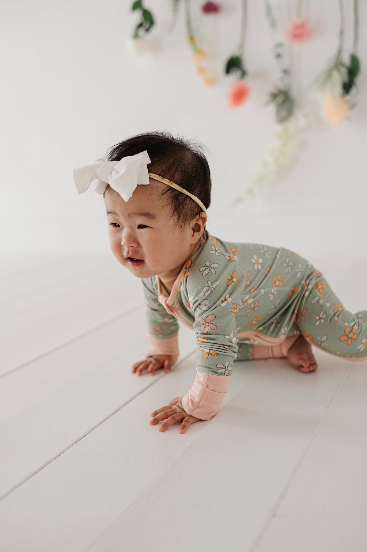 Baby Girl Long Sleeve Zip Romper in Sketched Daisy