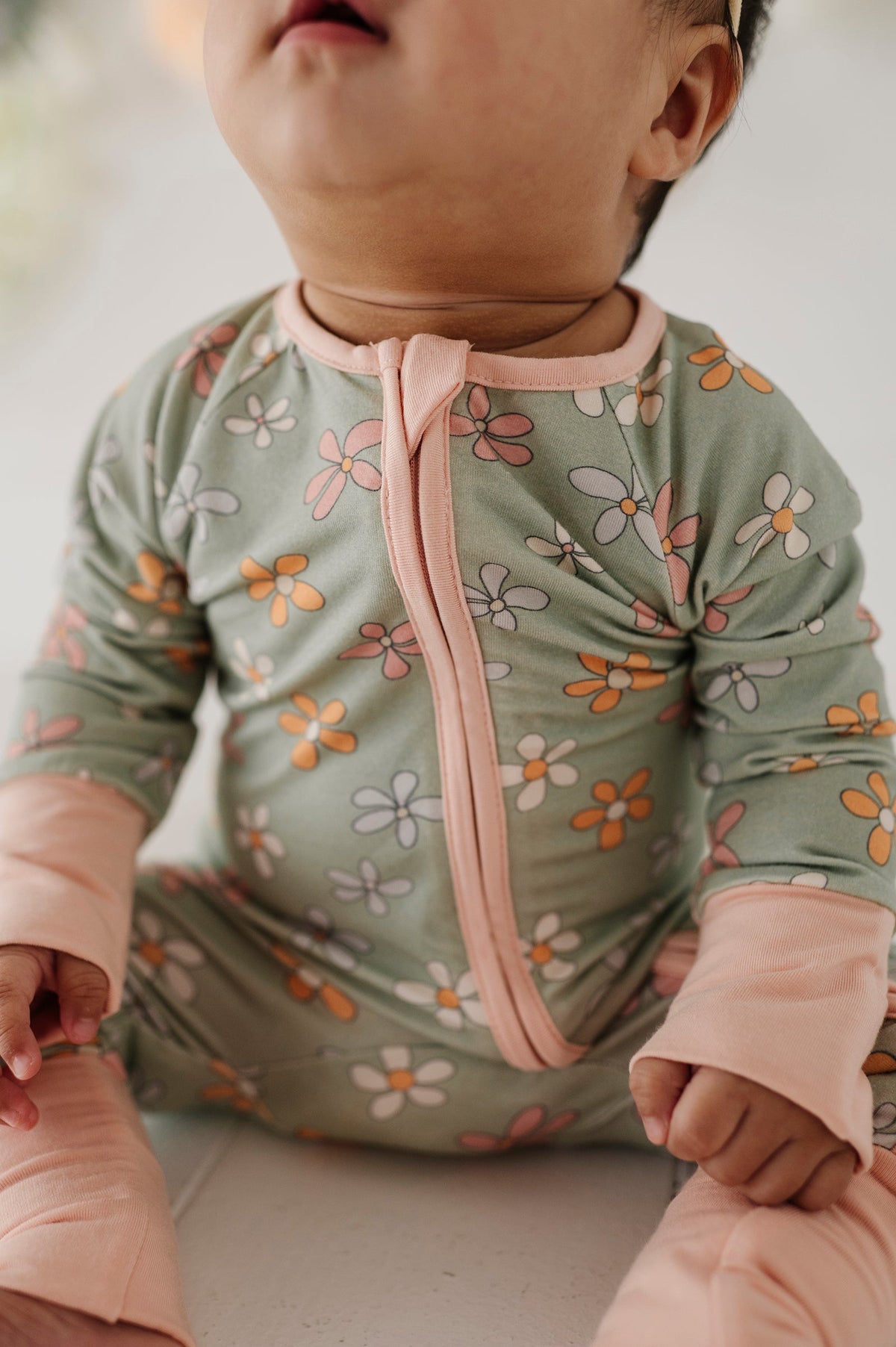 Baby Girl Long Sleeve Zip Romper in Sketched Daisy