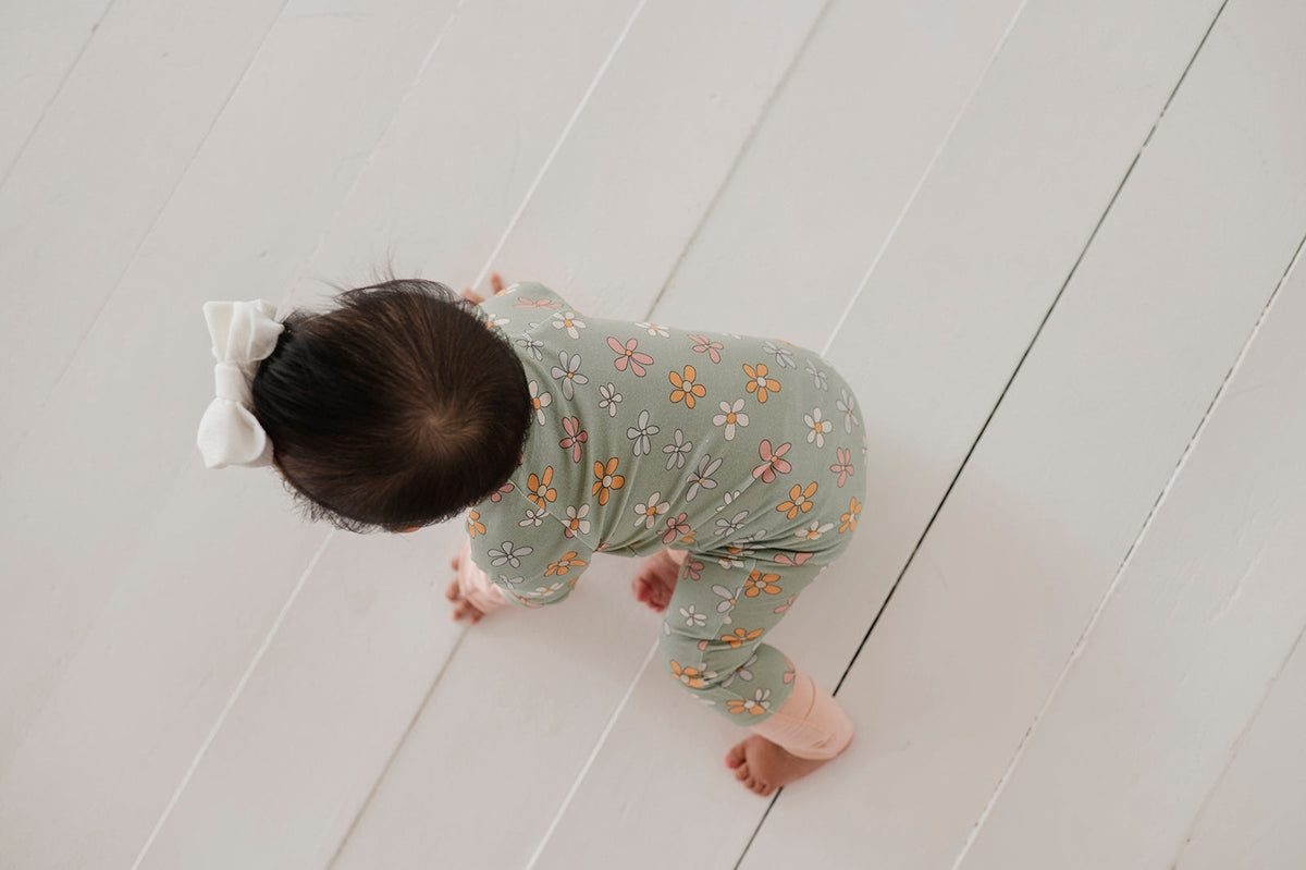 Baby Girl Long Sleeve Zip Romper in Sketched Daisy