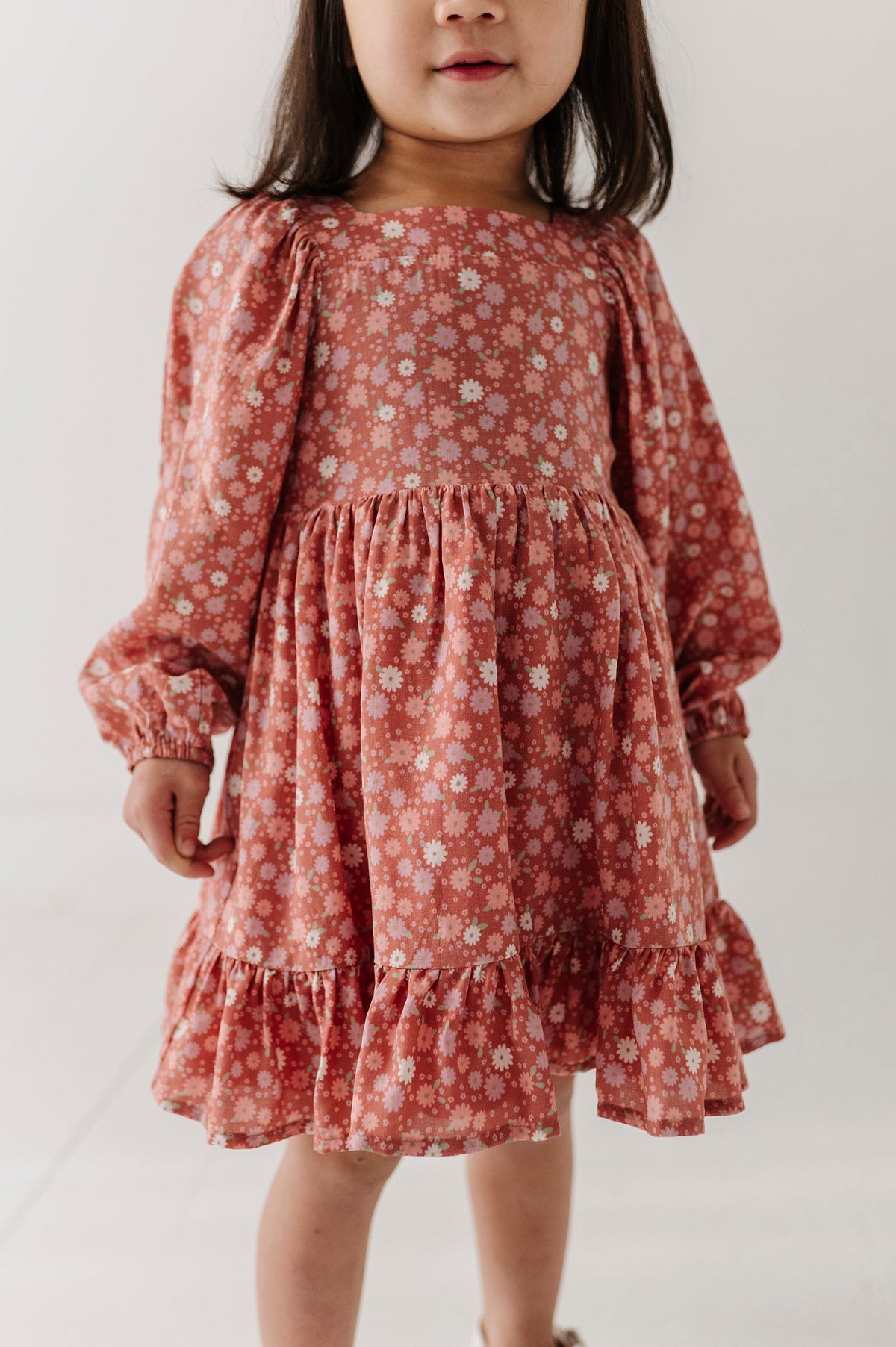 Girls Long Sleeve Viscose Dress in Tiny Petals
